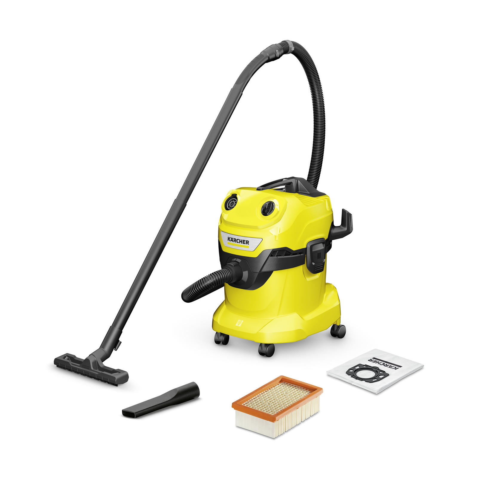 Aspirador Kärcher amarelo com acessórios: bocal, filtro e saco de pó. Fundo branco.