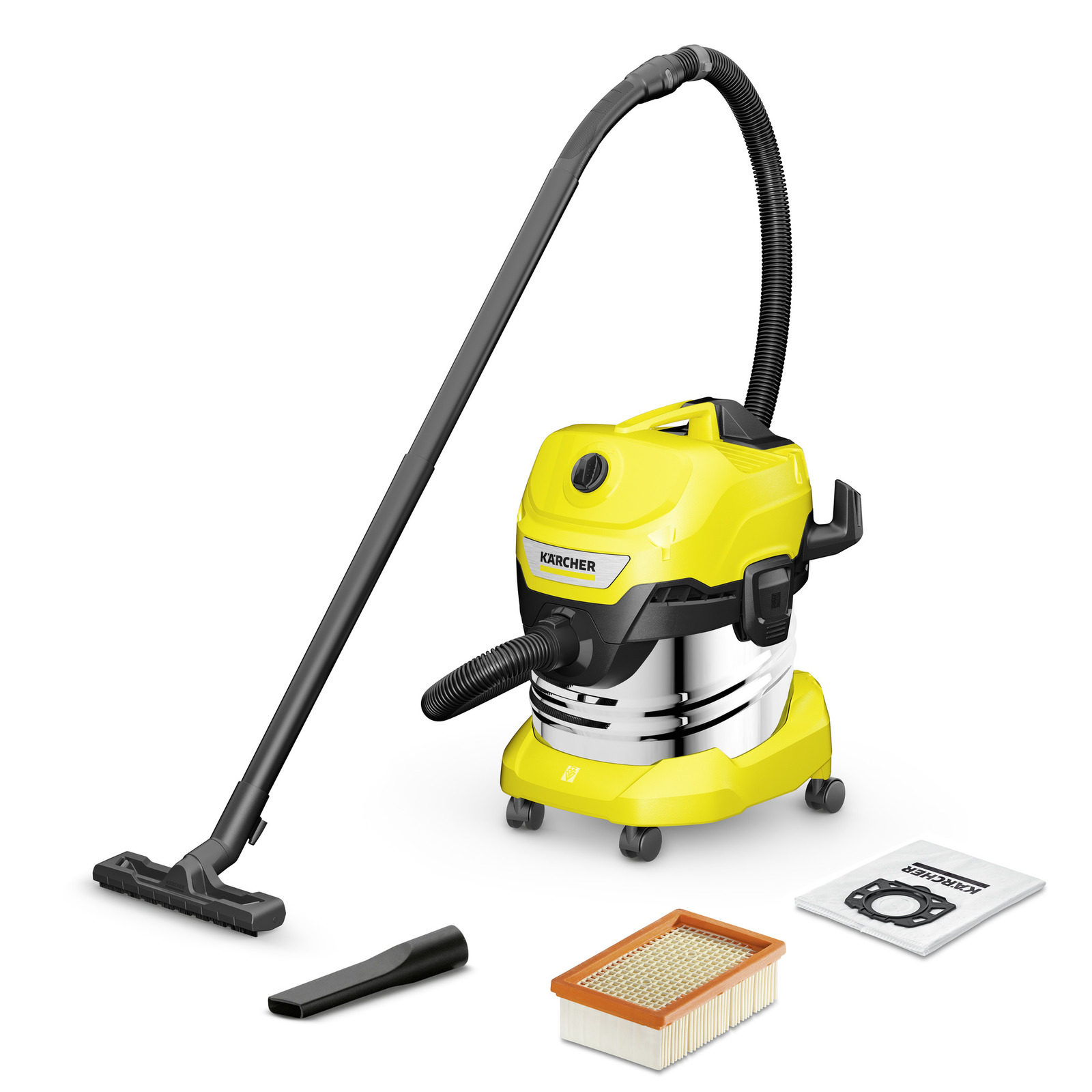 Kärcher wet and dry vacuum cleaner with hose, floor nozzle, crevice tool, filter, and dust bag on white background.