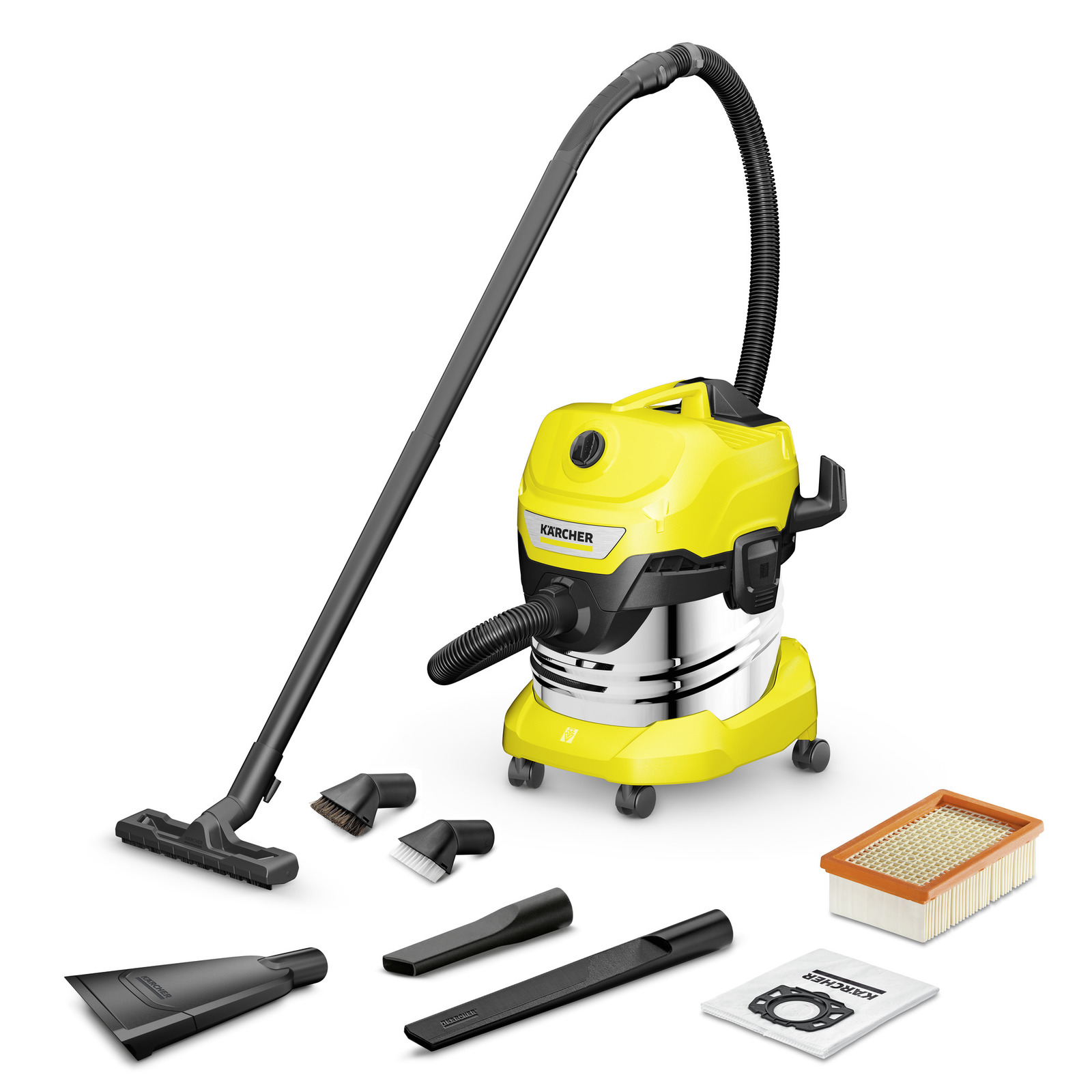 Kärcher wet and dry vacuum cleaner with various attachments, including nozzles, brushes, a filter, and a dust bag.