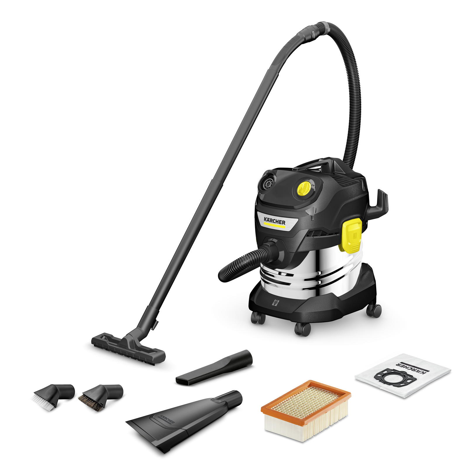 Aspirator Kärcher cu accesorii multiple, inclusiv perii, duze și filtre, pe fundal alb.