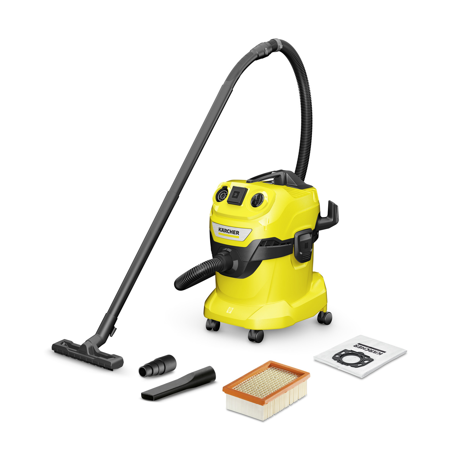 Aspirator Kärcher galben cu accesorii: furtun, duză, filtru și sac de praf, pe fundal alb.