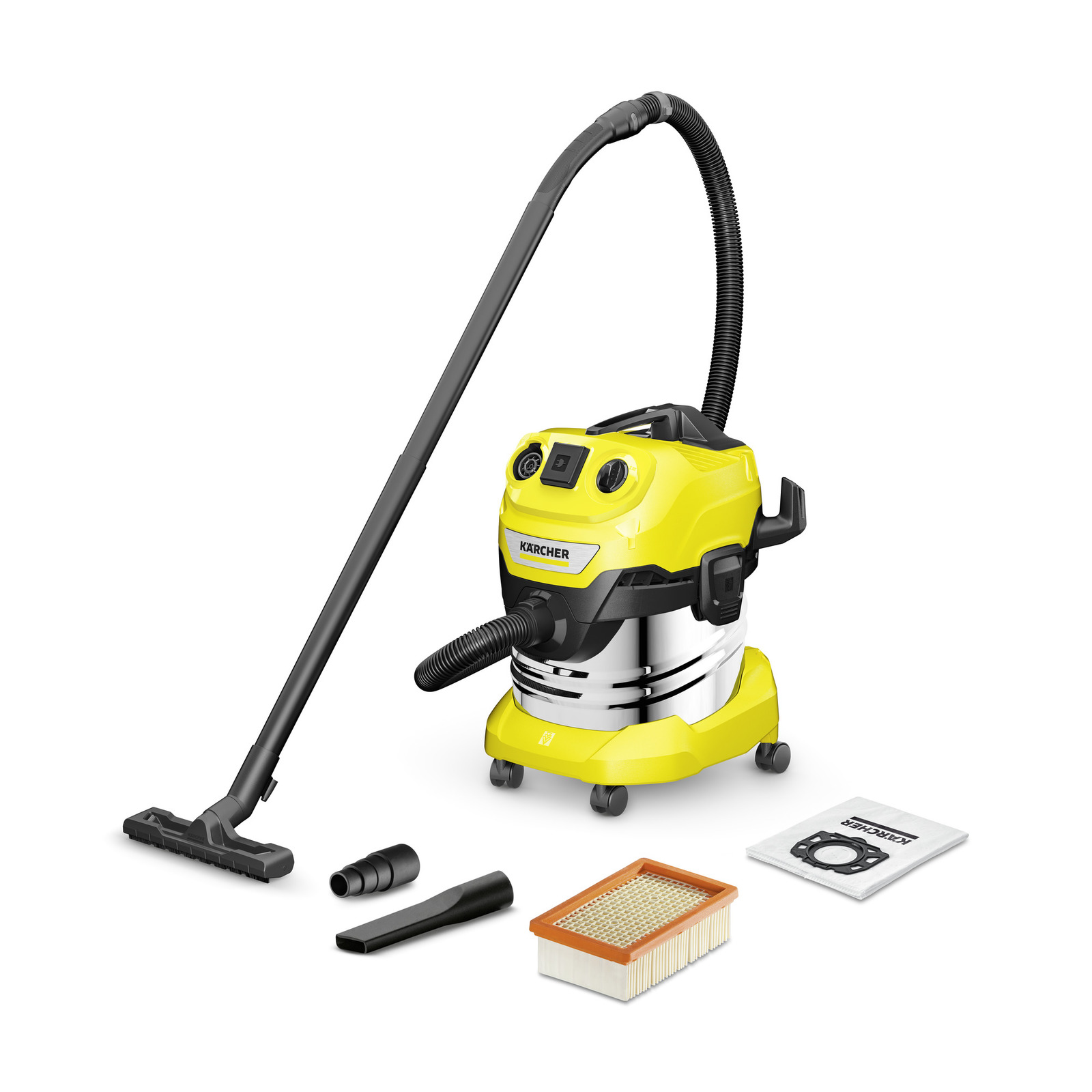 Aspirator Kärcher galben cu accesorii: furtun, duză, filtru și sac de praf, pe fundal alb.