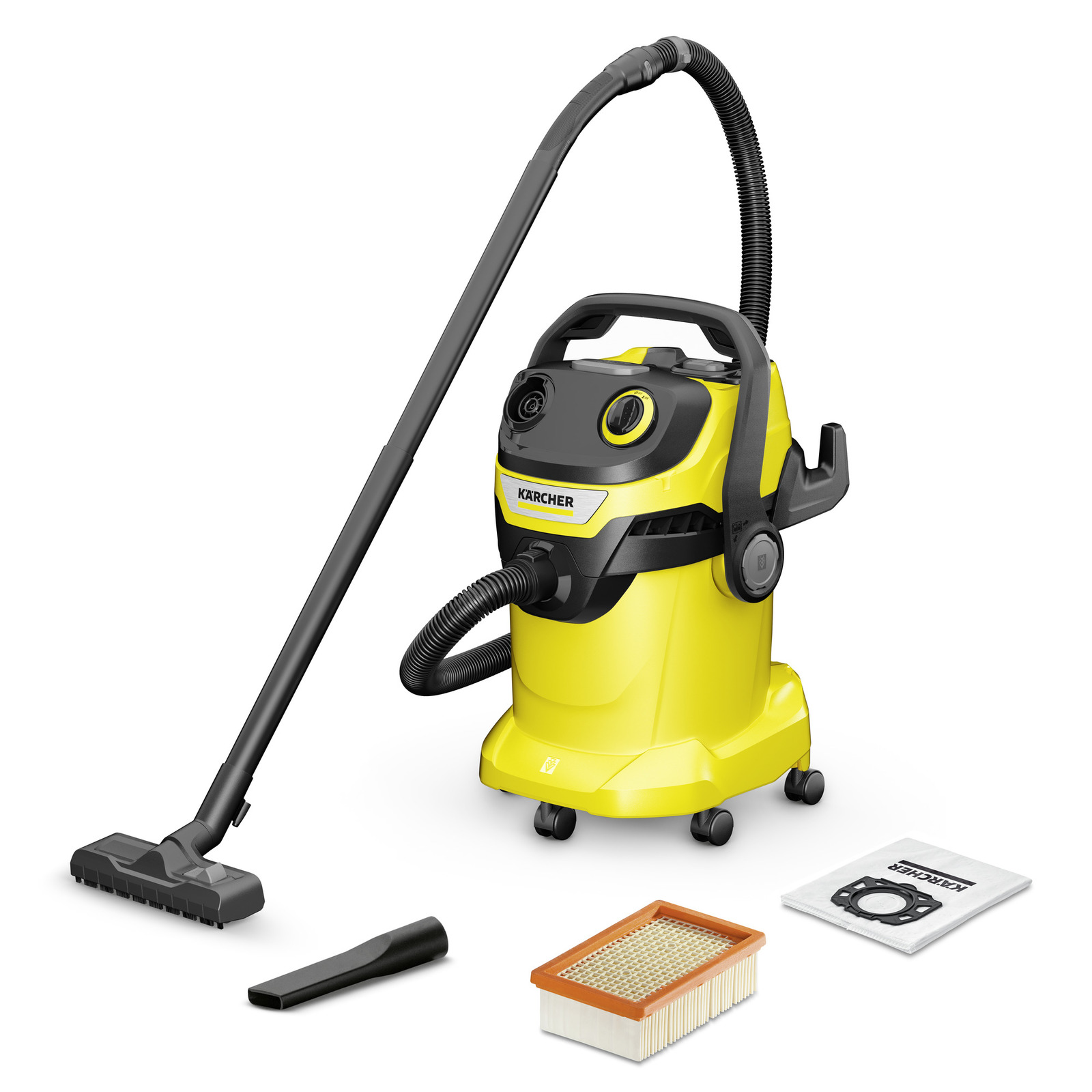 Aspirator Kärcher galben cu accesorii: duză, filtru și sac de praf, pe fundal alb.