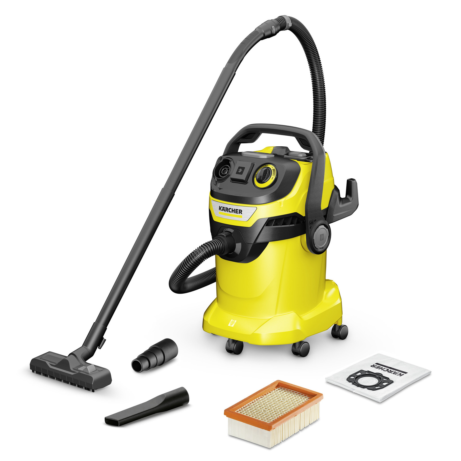 Kärcher wet and dry vacuum cleaner with hose, floor nozzle, filter, and dust bag on white background.