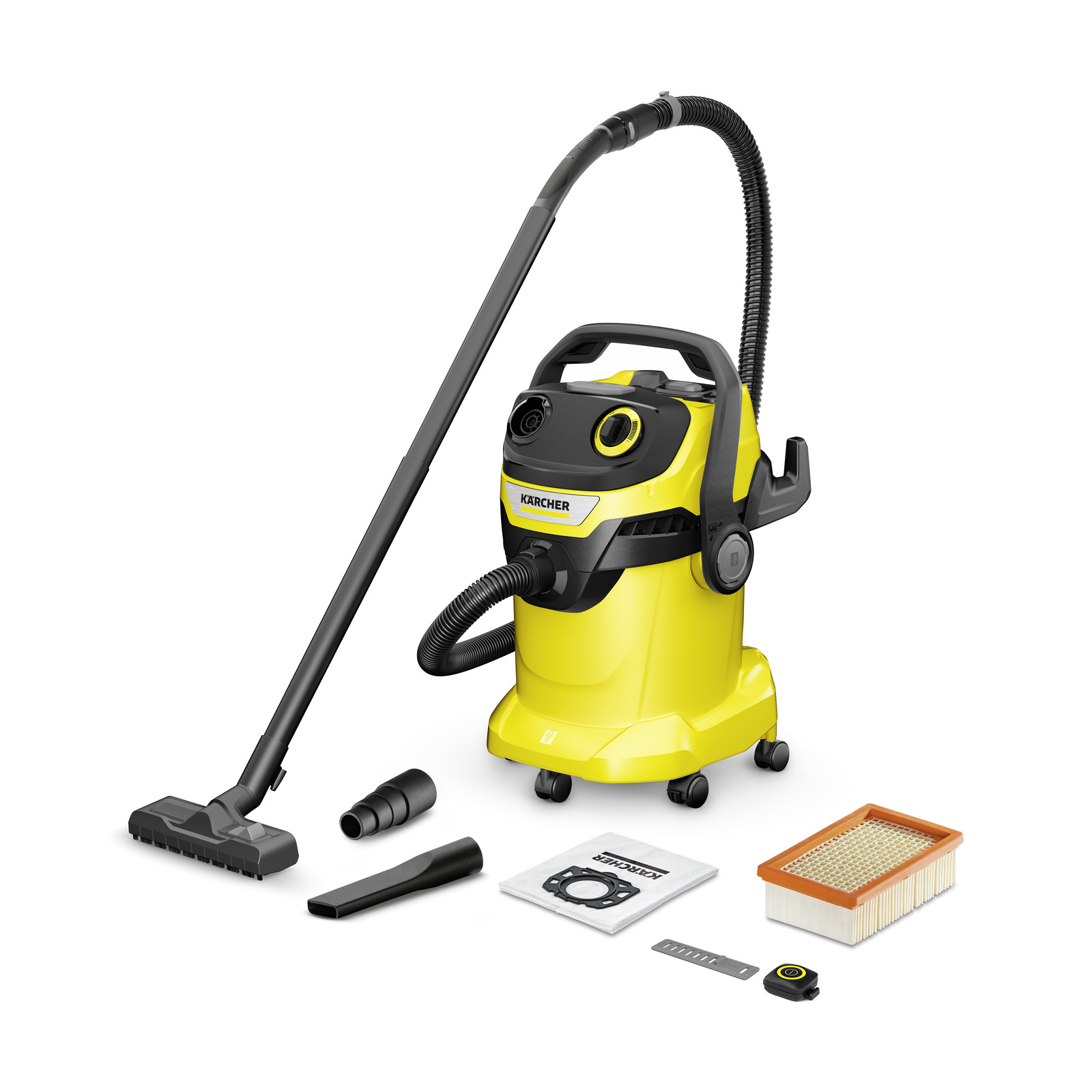 Aspirator Kärcher galben cu accesorii, inclusiv furtun, duze, sac de praf și filtru, pe fundal alb. Aspirator Kärcher galben cu accesorii, inclusiv furtun, duze, sac de praf și filtru, pe fundal alb.