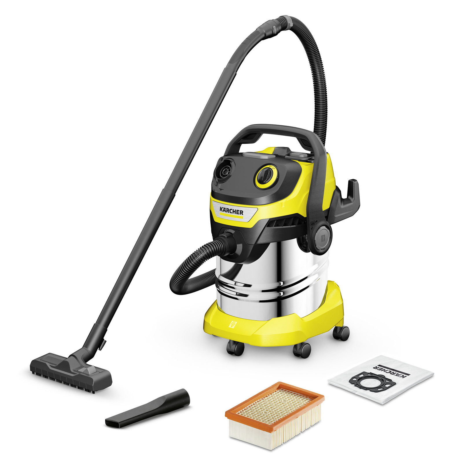 Kärcher wet and dry vacuum cleaner with hose, nozzle, filter, and dust bag on white background.