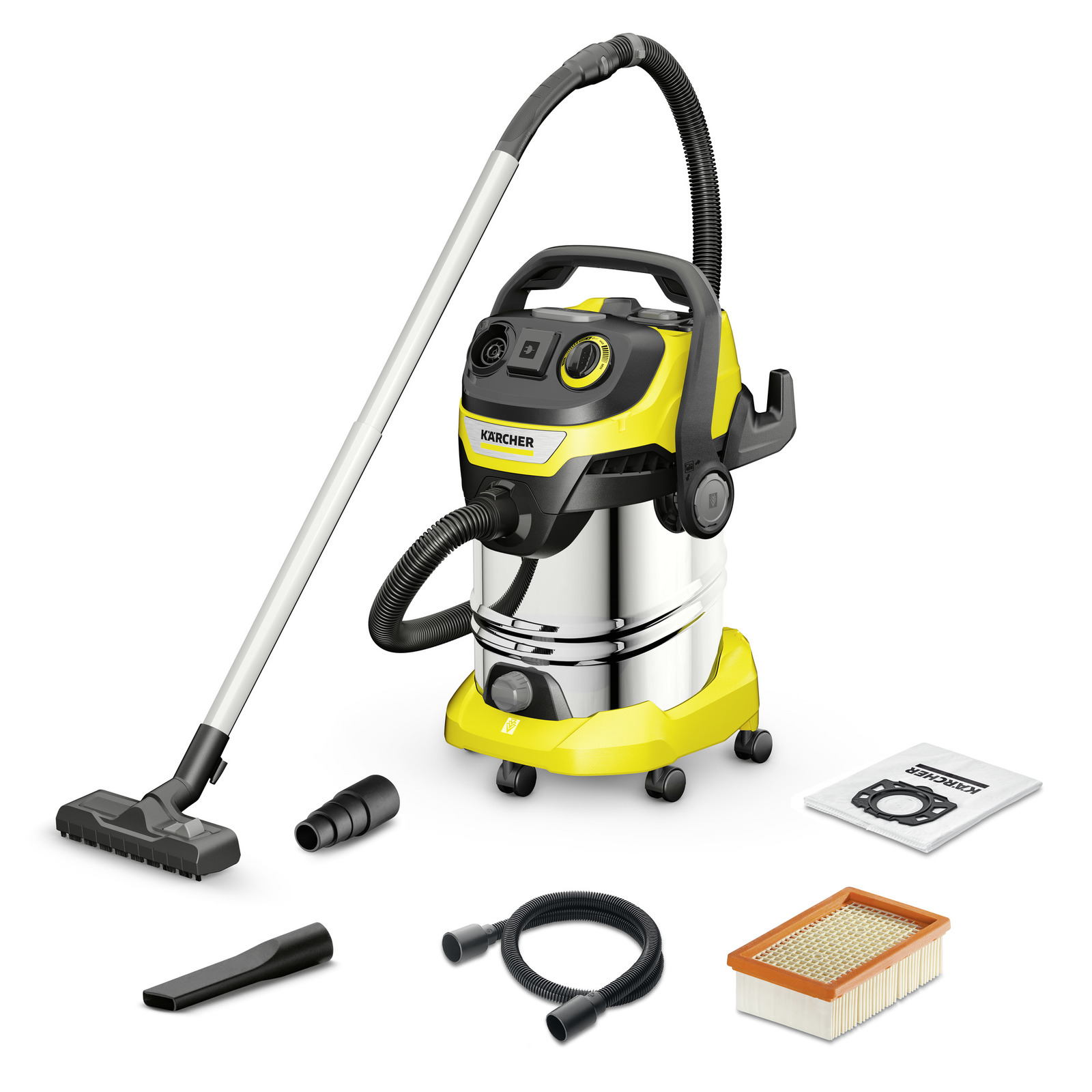 Kärcher wet and dry vacuum cleaner with accessories including hose, nozzle, filter, and dust bag on a white background. Kärcher wet and dry vacuum cleaner with accessories including hose, nozzle, filter, and dust bag on a white background.