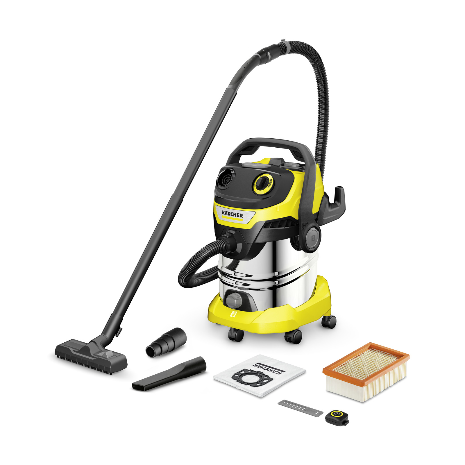 Aspirator Kärcher cu accesorii, inclusiv furtun, duze, filtru și sac de praf, pe fundal alb. Aspirator Kärcher cu accesorii, inclusiv furtun, duze, filtru și sac de praf, pe fundal alb.