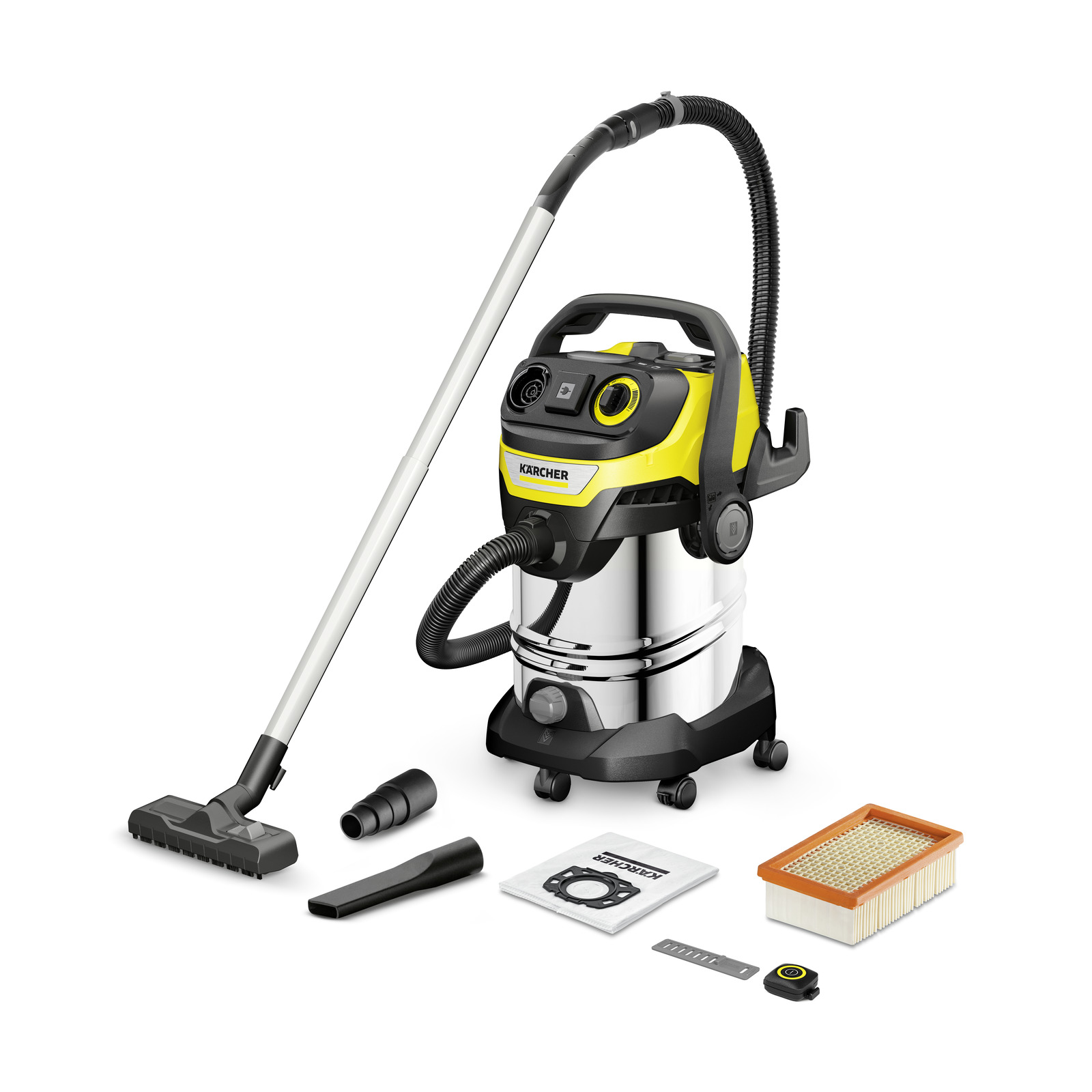 Kärcher wet and dry vacuum cleaner with hose, floor nozzle, filter, dust bag, and additional accessories on white background.