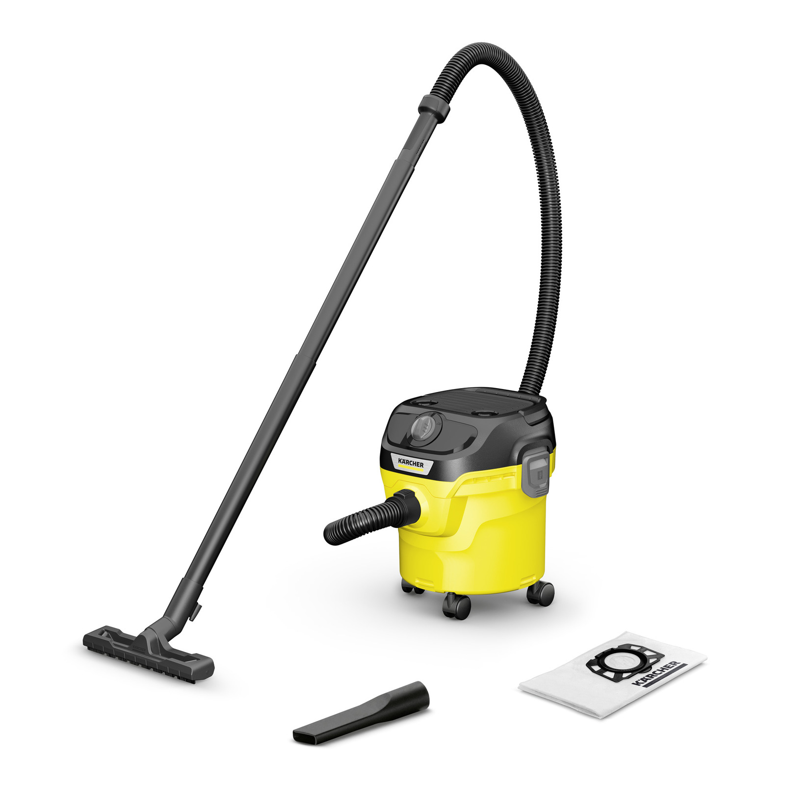 Kärcher wet and dry vacuum cleaner with hose, floor nozzle, crevice tool, and filter bag on white background. Kärcher wet and dry vacuum cleaner with hose, floor nozzle, crevice tool, and filter bag on white background.