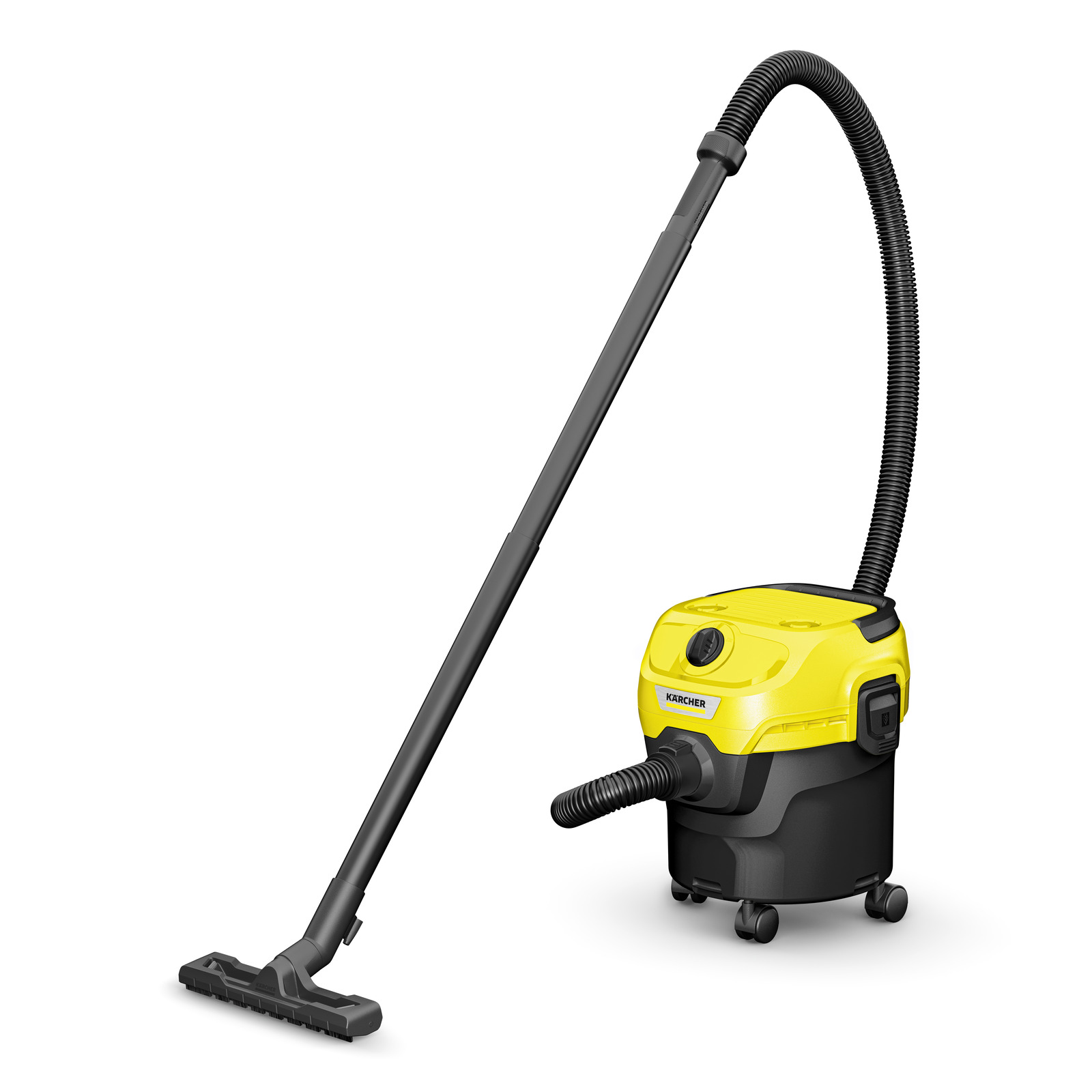 Aspirator Kärcher galben-negru cu furtun lung și perie, pe fundal alb.