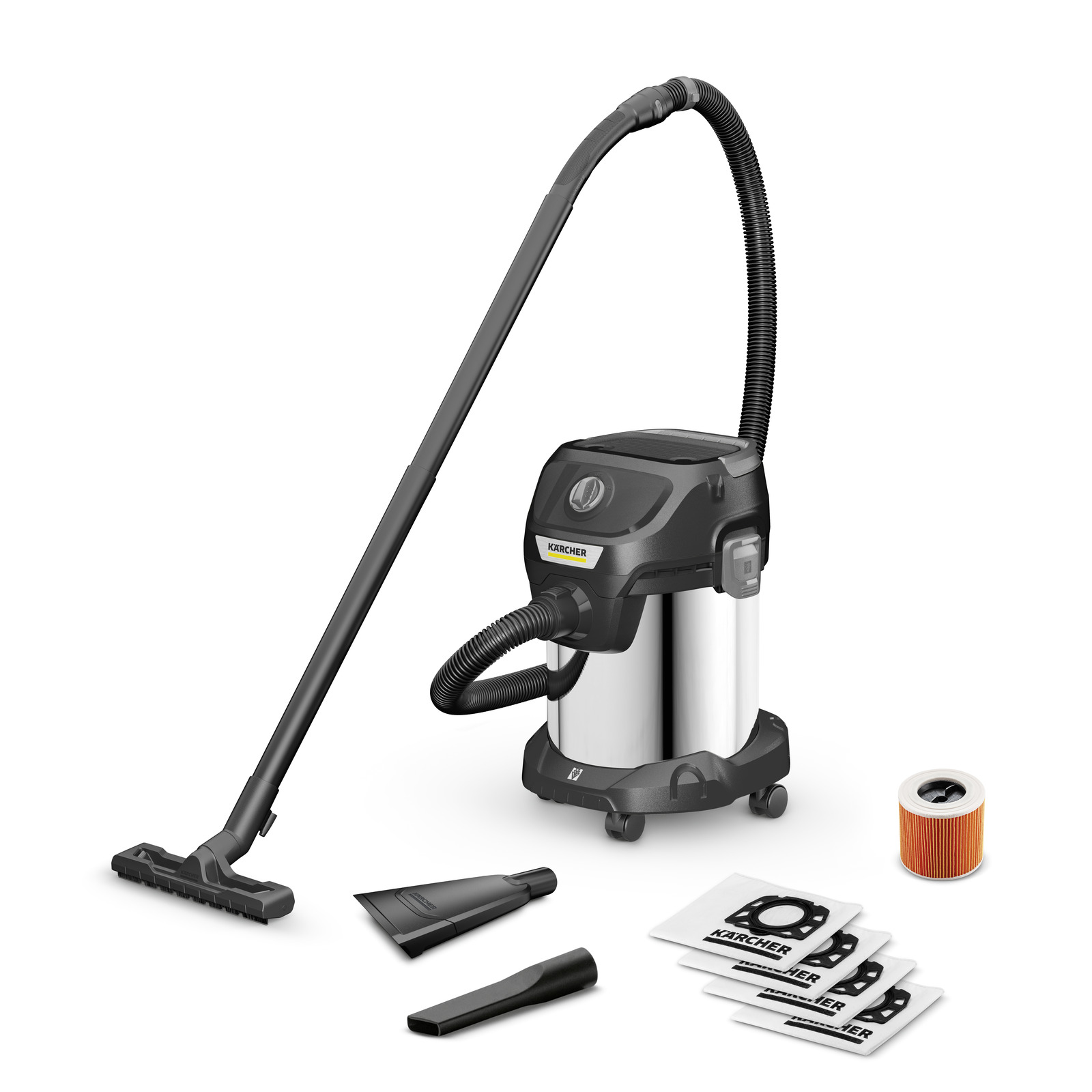 Kärcher wet and dry vacuum cleaner with hose, floor nozzle, crevice tool, filter bags, and cylindrical filter on white background.
