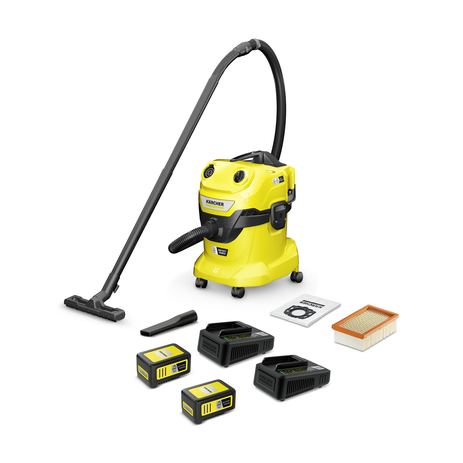 Yellow Kärcher wet and dry vacuum cleaner with accessories including batteries, chargers, filter, and vacuum bags on a white background. Yellow Kärcher wet and dry vacuum cleaner with accessories including batteries, chargers, filter, and vacuum bags on a white background.
