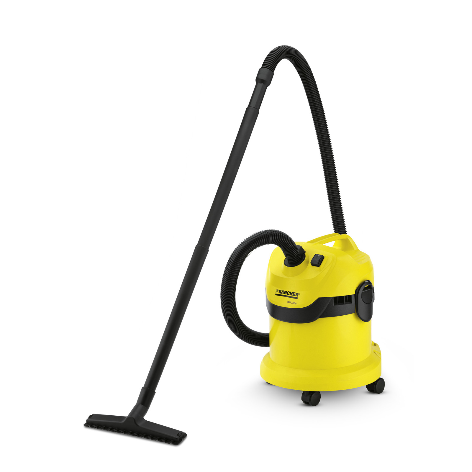 Yellow Kärcher wet and dry vacuum cleaner with a long black hose and floor nozzle, set against a white background. Yellow Kärcher wet and dry vacuum cleaner with a long black hose and floor nozzle, set against a white background.