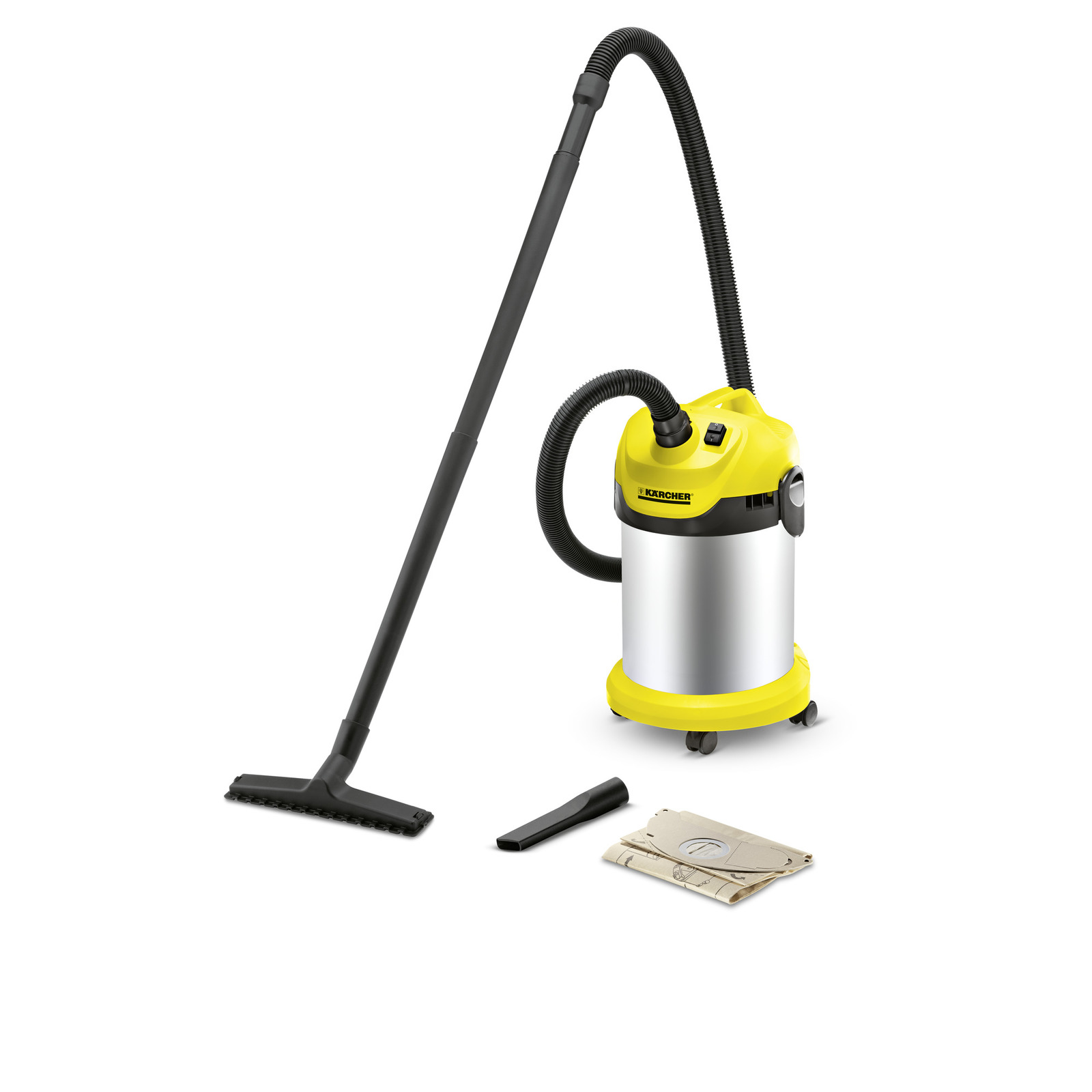 Kärcher wet and dry vacuum cleaner with hose, nozzle, and dust bag on a white background.