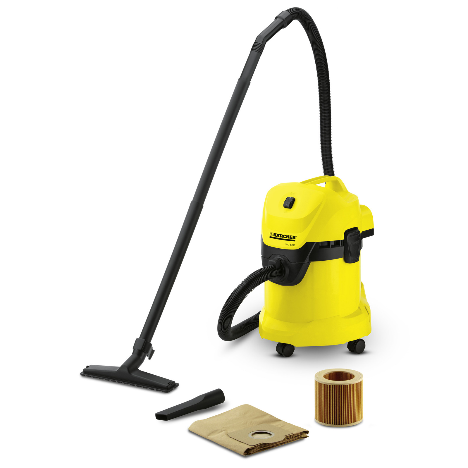 Yellow Kärcher wet and dry vacuum cleaner with hose, nozzle, filter, and dust bag on white background.