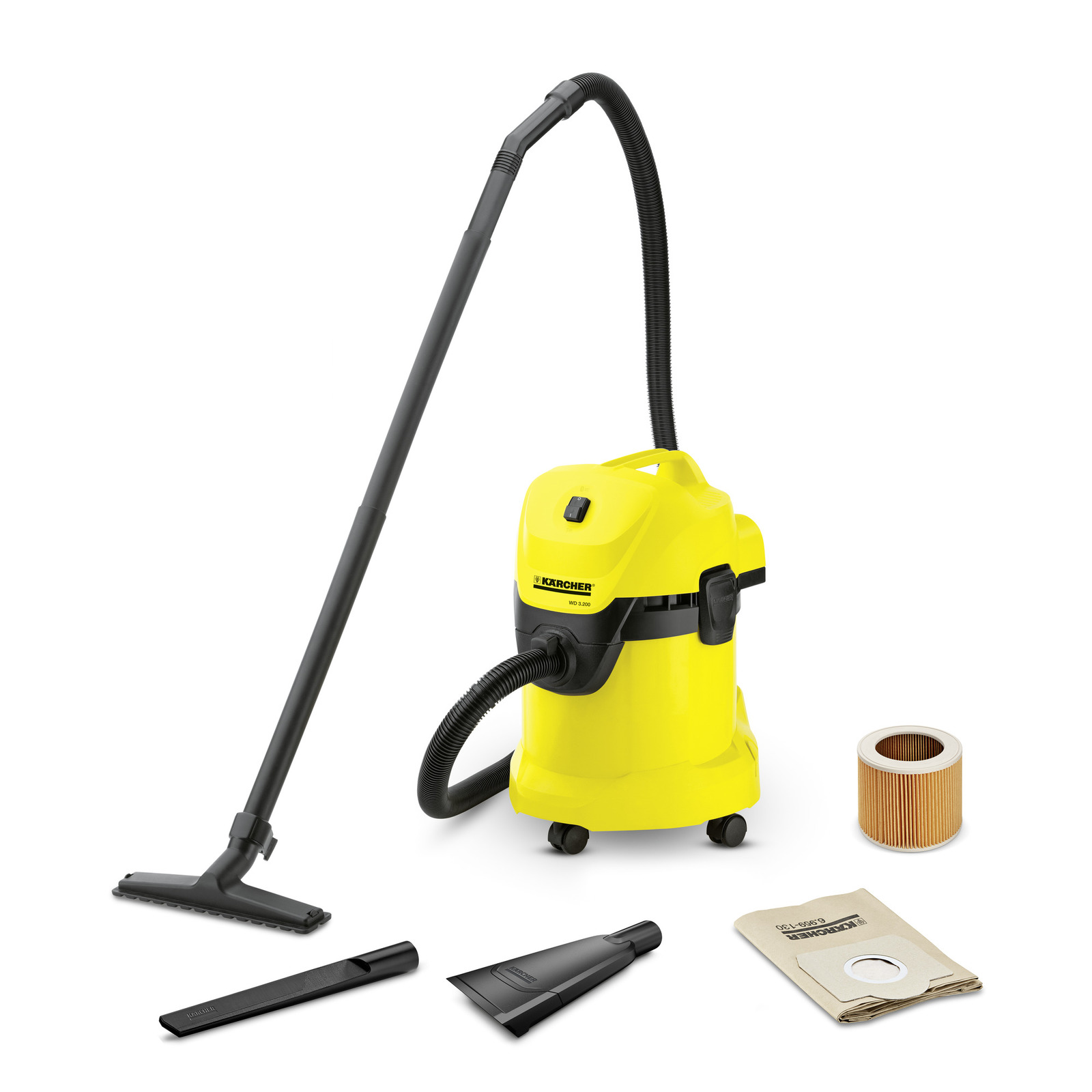 Yellow Kärcher wet and dry vacuum cleaner with hose, nozzle attachments, filter, and dust bag on white background.