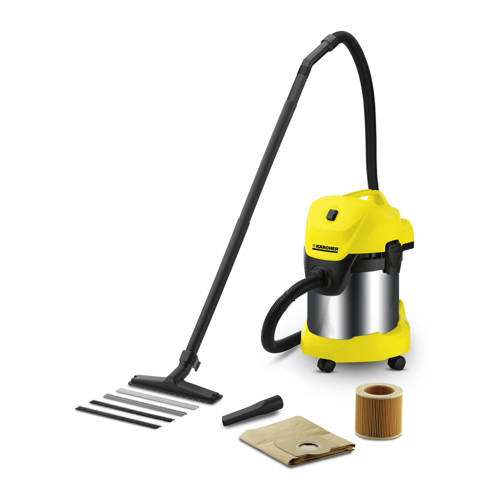 Kärcher wet and dry vacuum cleaner with hose, nozzle, filter, and dust bag on white background.