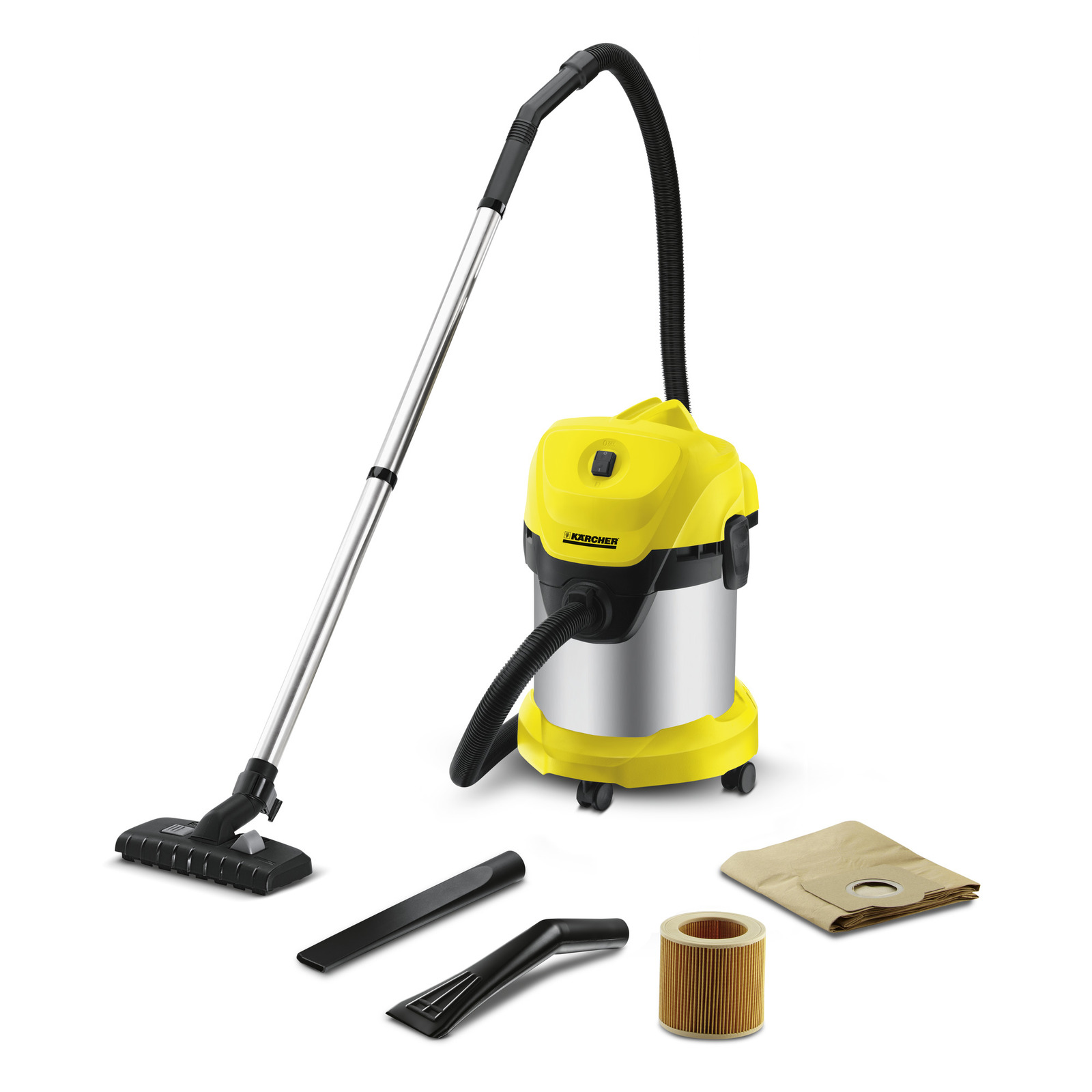 Aspirator Kärcher cu accesorii: duză pentru podea, duză îngustă, filtru cilindric și sac de hârtie.