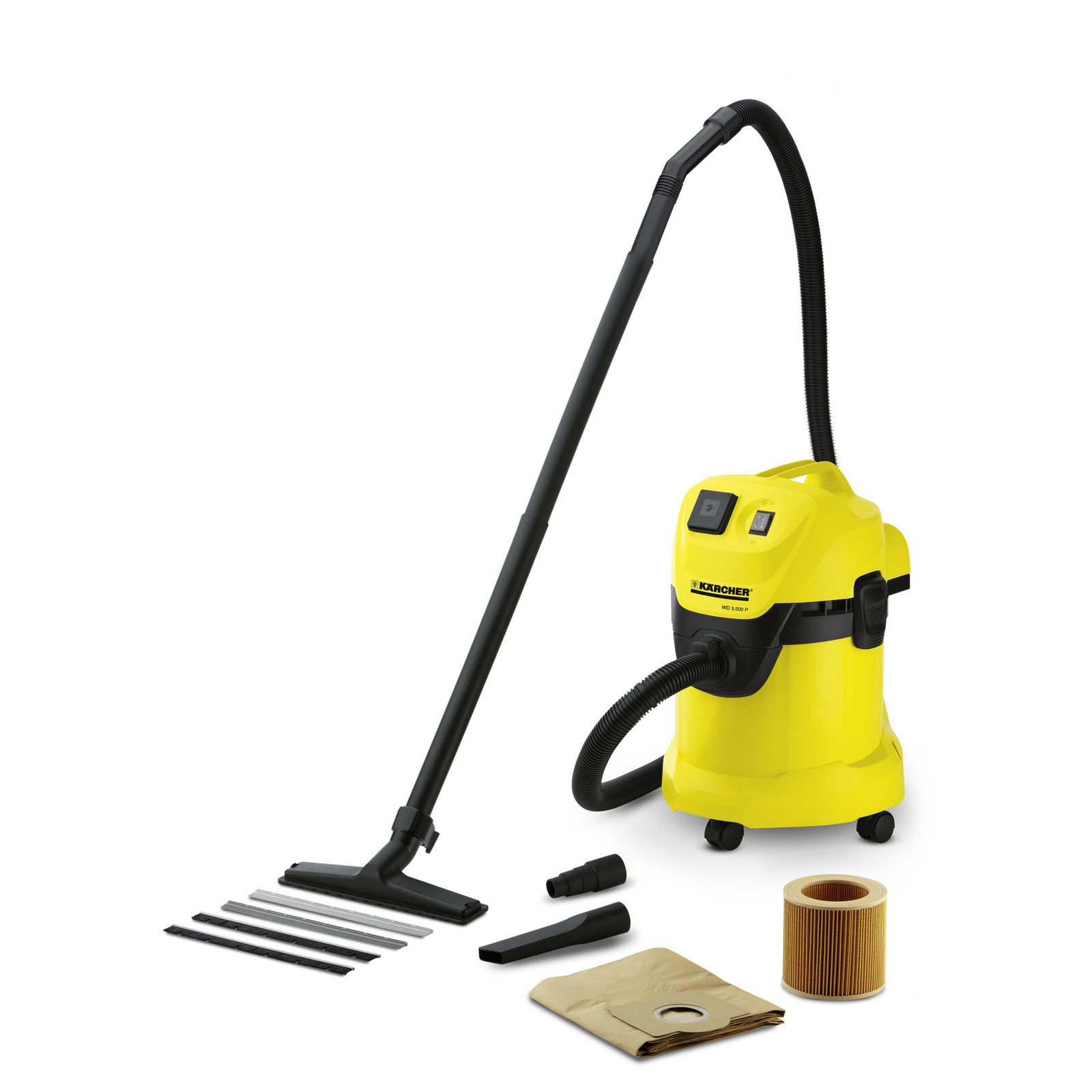 Yellow Kärcher wet and dry vacuum cleaner with hose, nozzle, filter, and dust bag on a white background.
