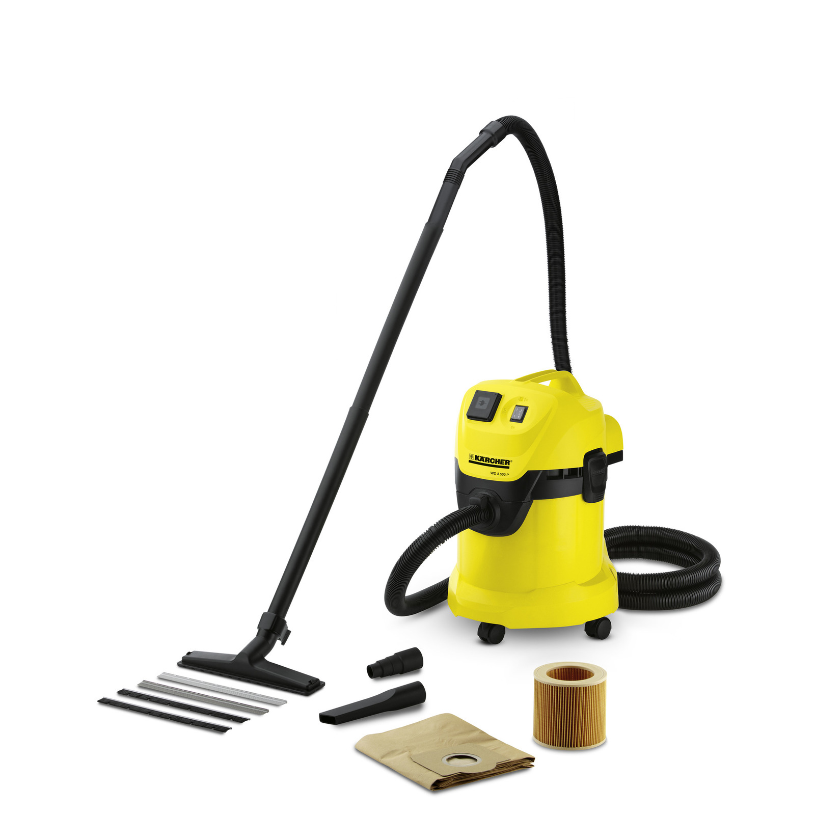 Yellow Kärcher wet and dry vacuum cleaner with accessories including a hose, nozzle, filter, and dust bag on a white background.
