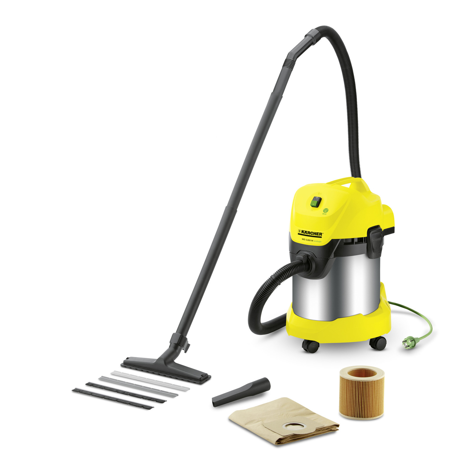 Aspirator Kärcher WD 3 Premium galben, cu accesorii: duză, sac de hârtie, filtru cilindric și perii.