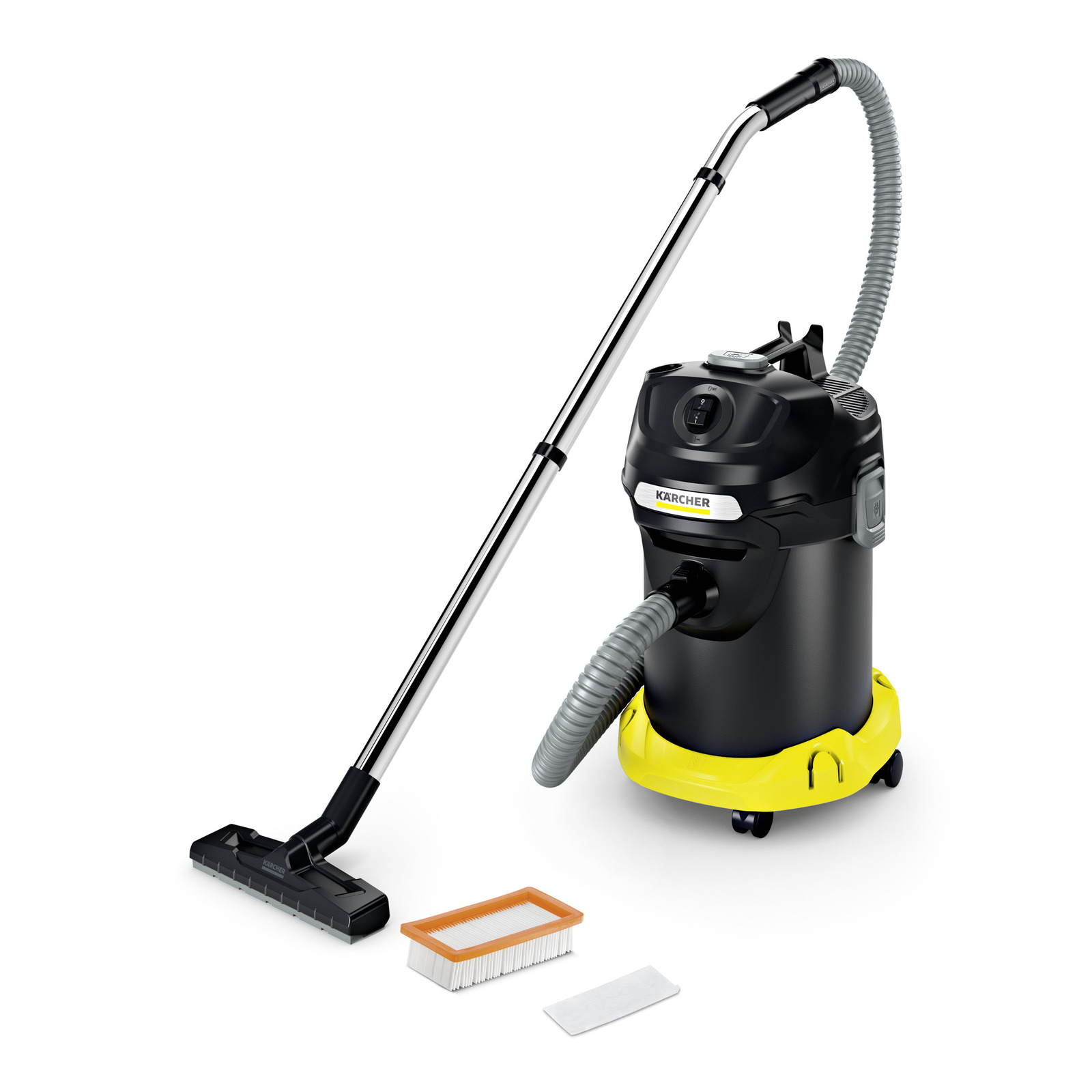 Kärcher wet and dry vacuum cleaner with hose, floor nozzle, filter, and cloth on white background.