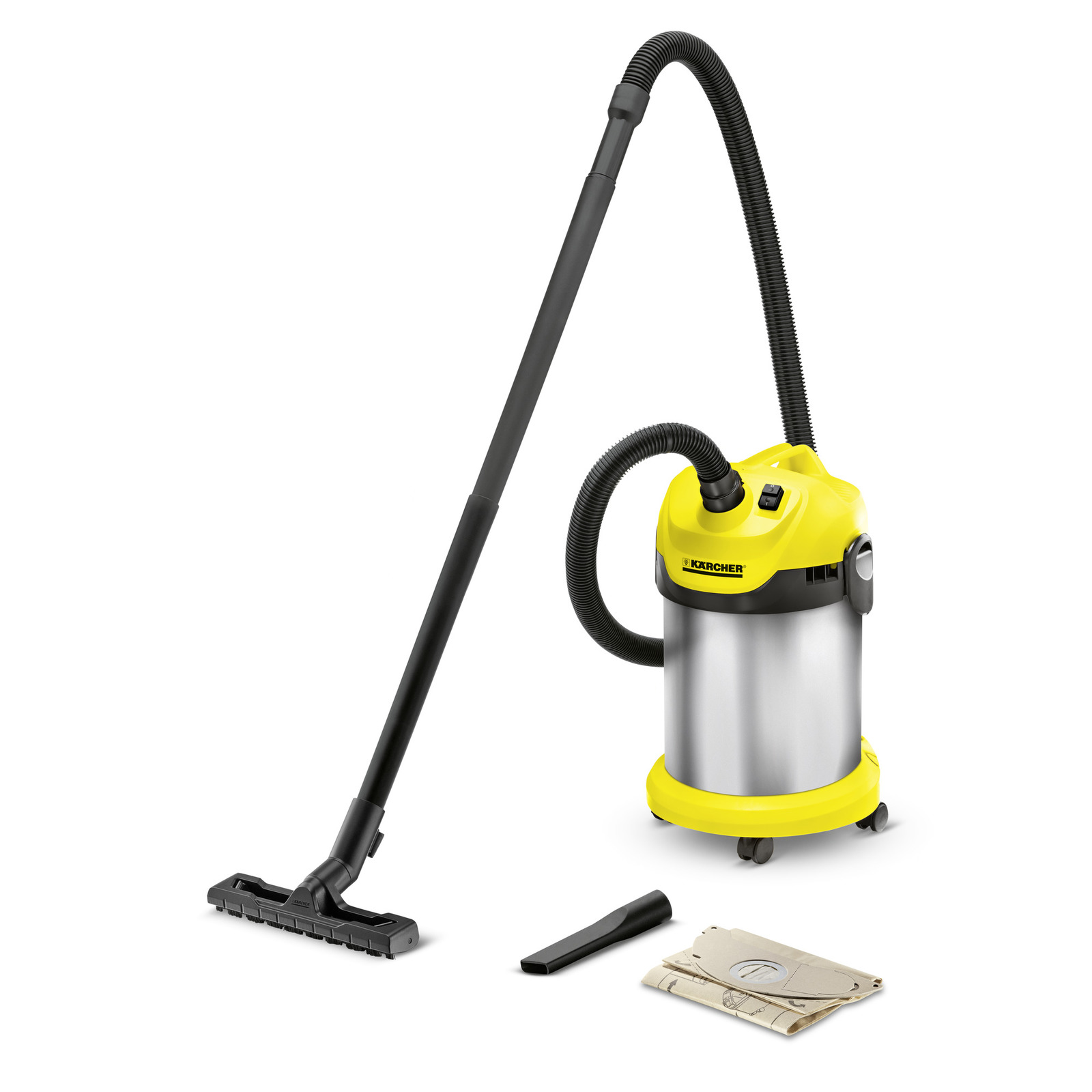 Aspirator Kärcher cu tub lung, accesorii incluse: duză îngustă și sac de praf. Design galben și argintiu, pe fundal alb.