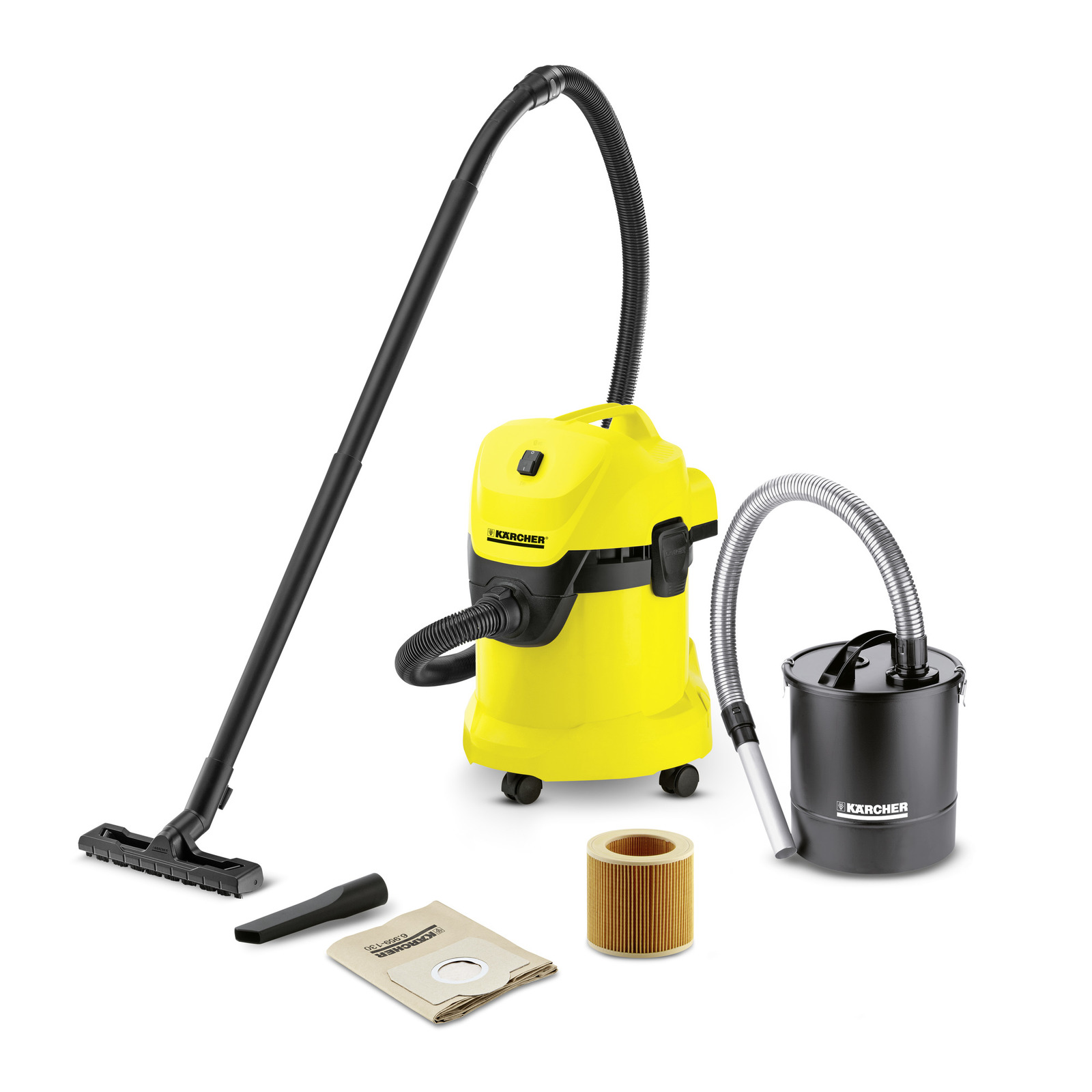 Aspirator Kärcher galben cu accesorii: furtun, sac de praf, filtru cilindric și recipient negru pentru colectare.