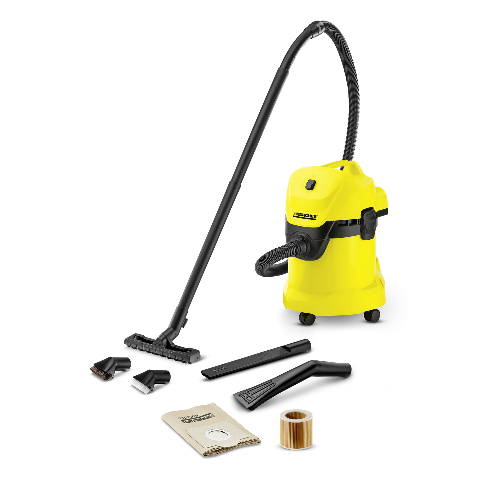 Aspirator Kärcher galben cu accesorii: perii, duze, sac de praf și filtru cilindric, pe fundal alb.