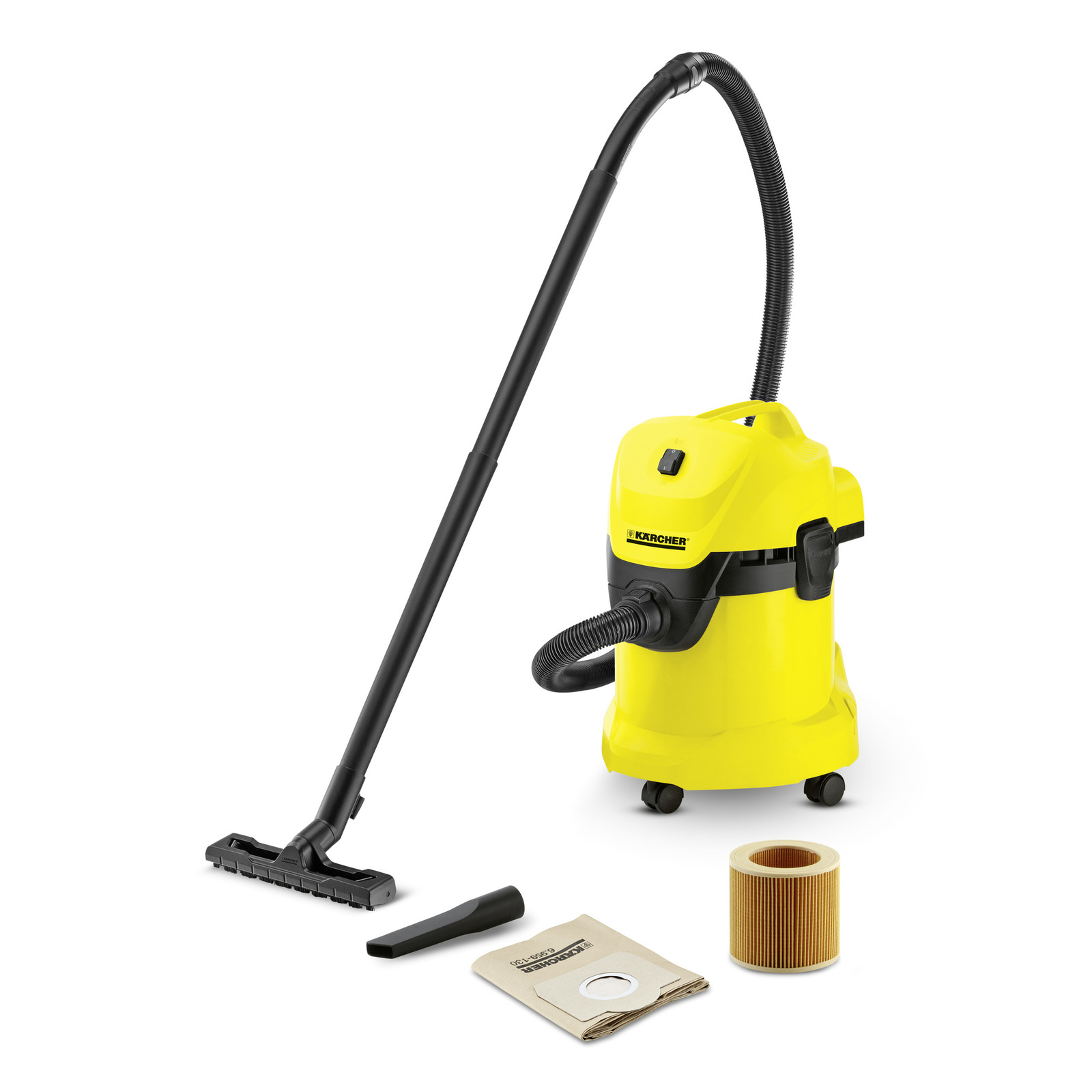 Aspirator Kärcher galben cu accesorii: duză, sac de praf și filtru cilindric, pe fundal alb. Aspirator Kärcher galben cu accesorii: duză, sac de praf și filtru cilindric, pe fundal alb.