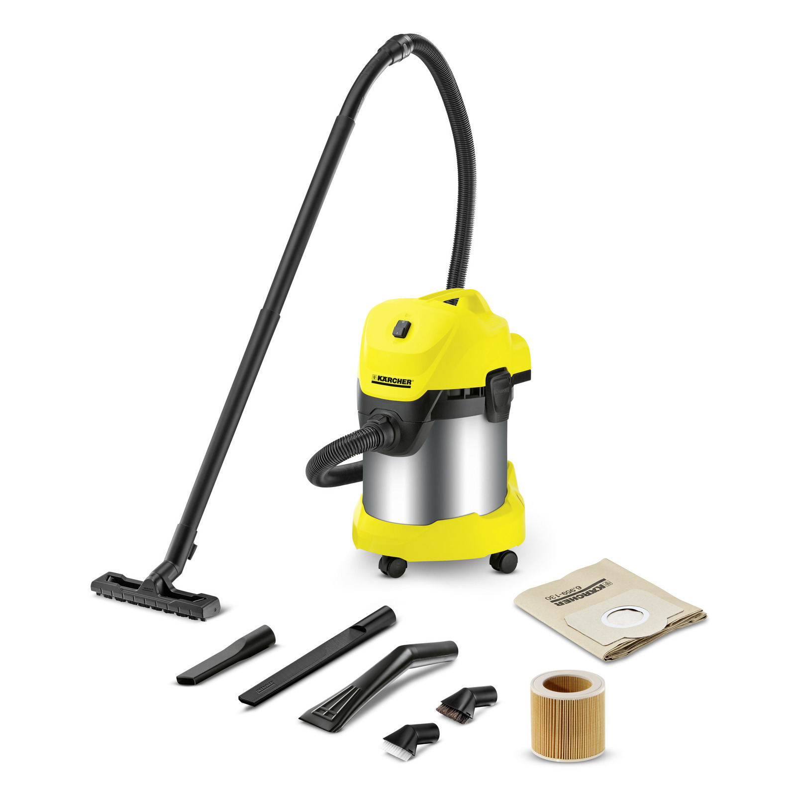 Aspirator Kärcher cu accesorii, sac de hârtie și filtru cilindric, pe fundal alb.