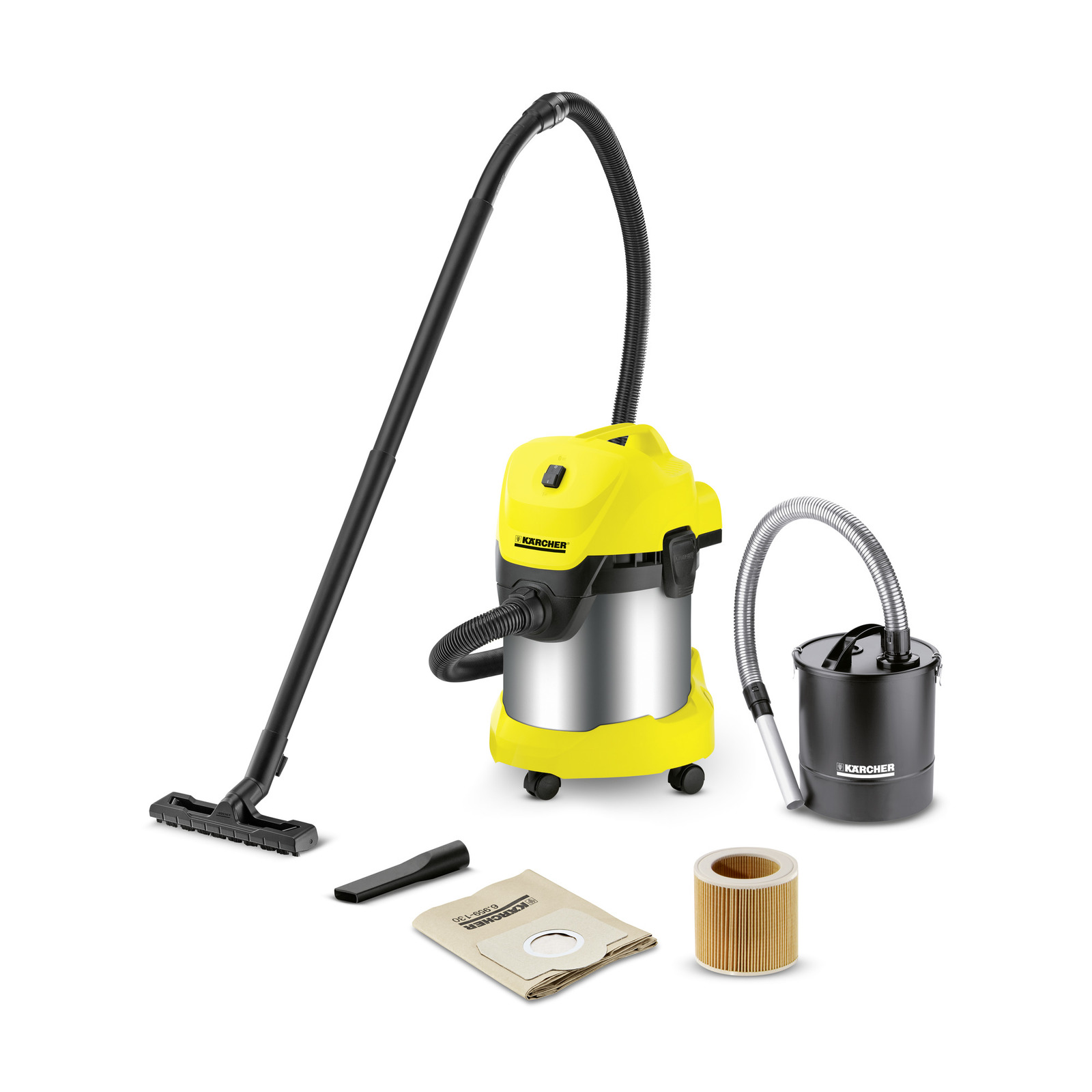 Aspirator Kärcher galben cu accesorii: furtun, sac de hârtie, filtru cilindric și recipient negru pentru cenușă.