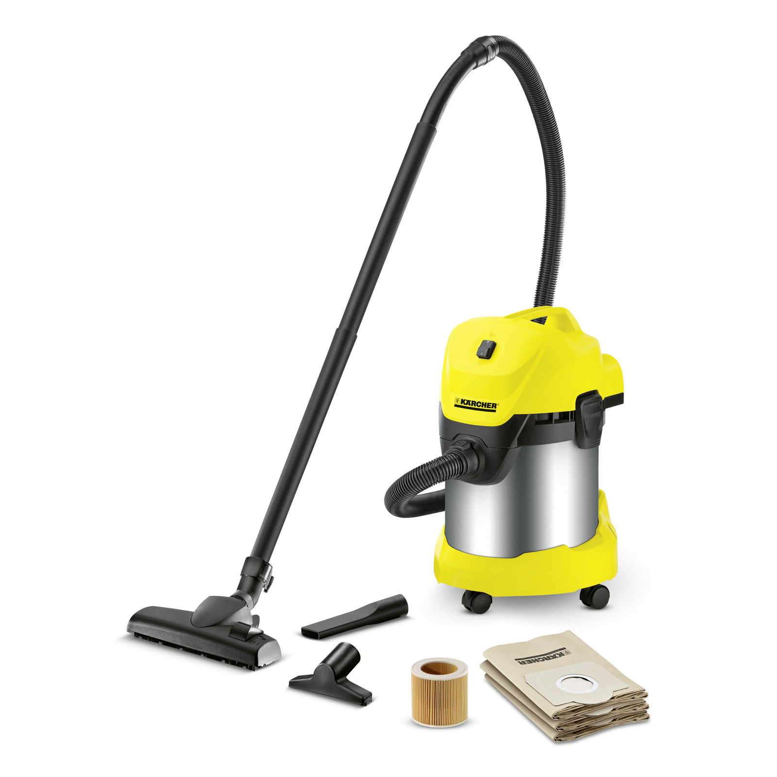 Aspirator Kärcher galben cu accesorii, inclusiv perii și saci de hârtie, pe fundal alb.