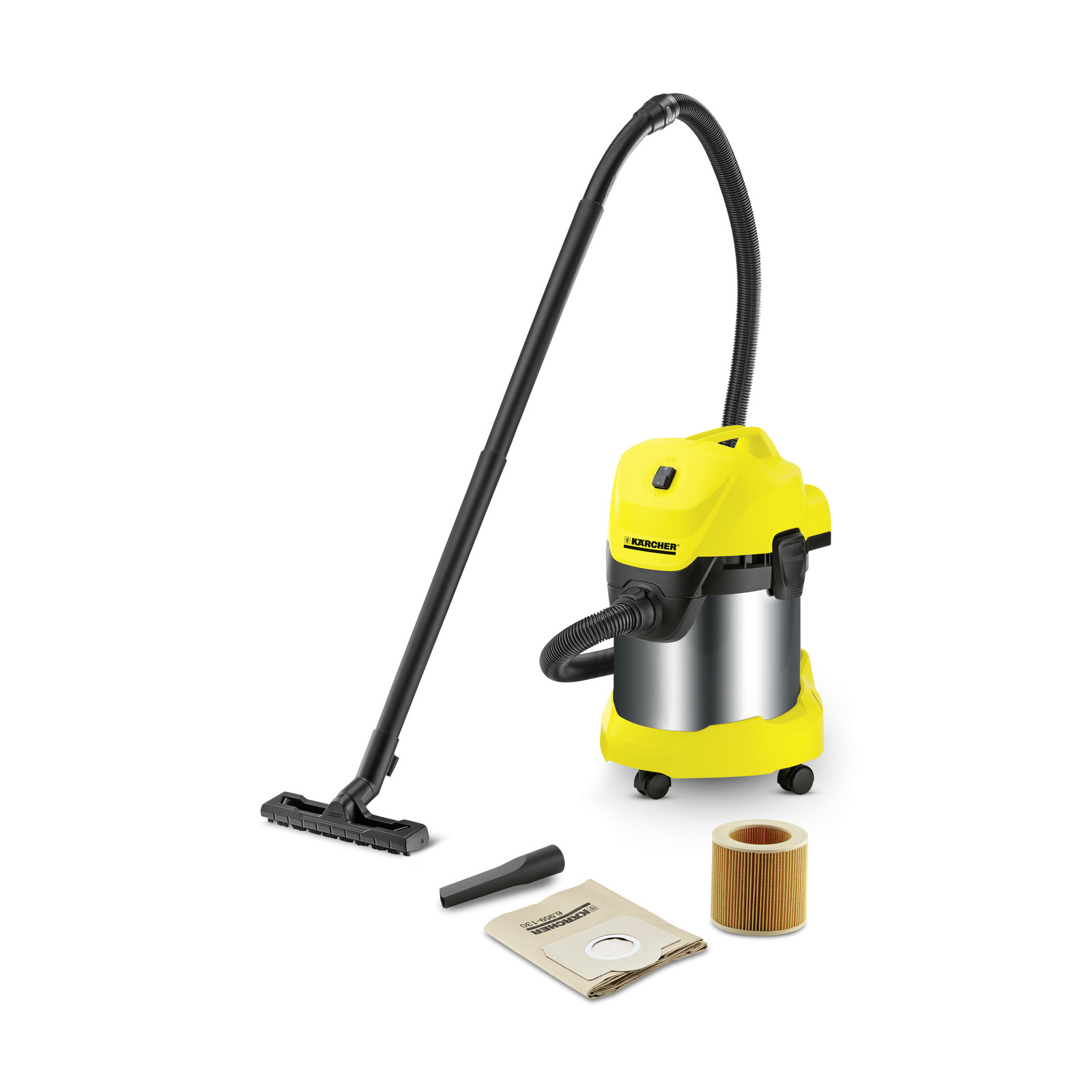 Aspirator Kärcher galben cu tub negru, sac de hârtie, filtru cilindric și accesoriu pentru colțuri.