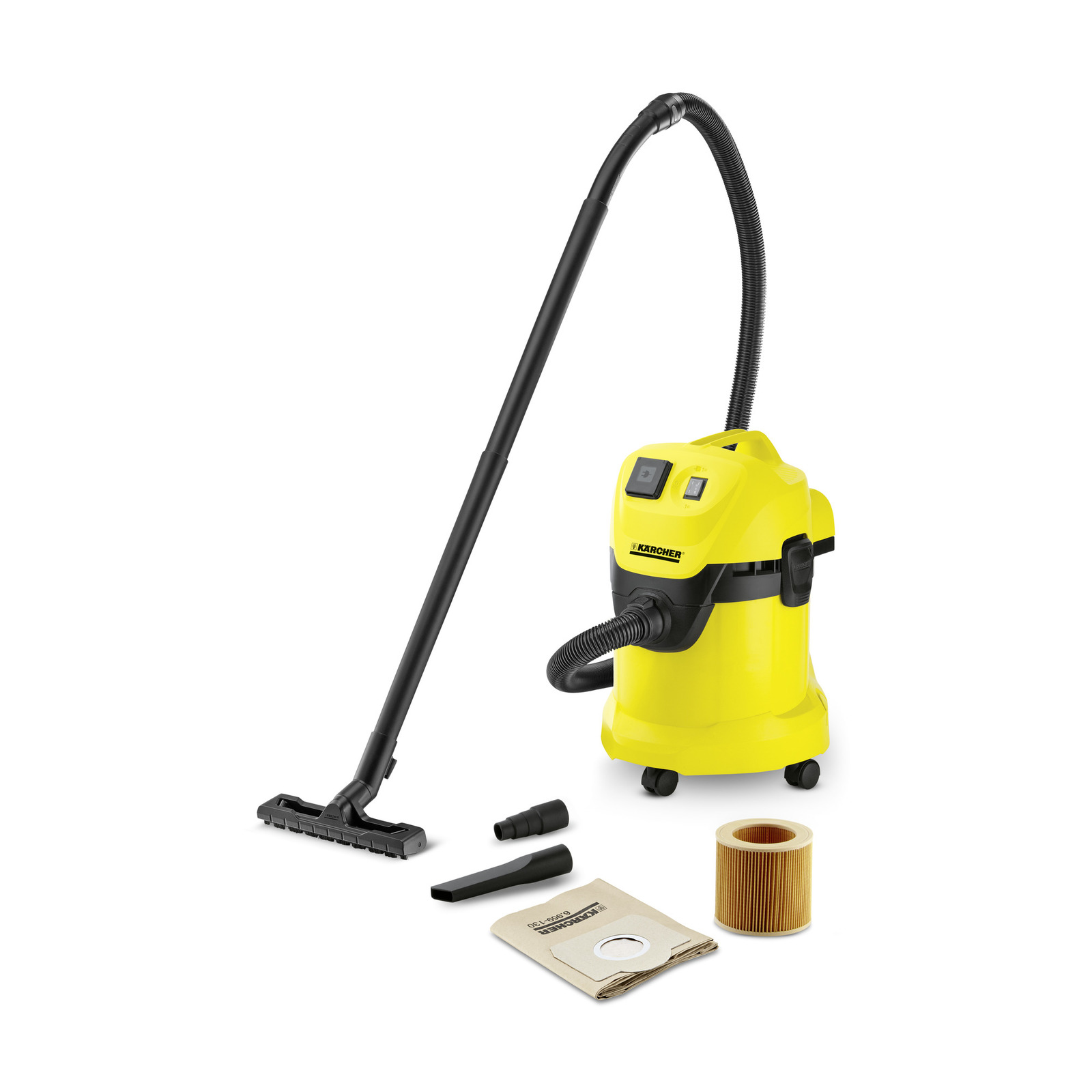 Aspirator Kärcher galben cu accesorii: furtun, perie, duze, sac de praf și filtru cilindric. Aspirator Kärcher galben cu accesorii: furtun, perie, duze, sac de praf și filtru cilindric.
