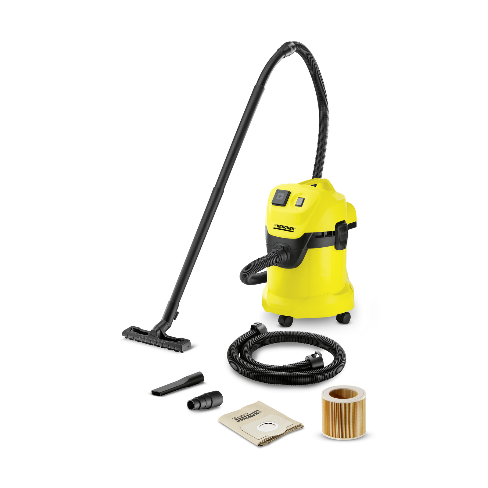 Aspirator Kärcher galben cu accesorii: furtun, duză, sac de praf și filtru cilindric, pe fundal alb.