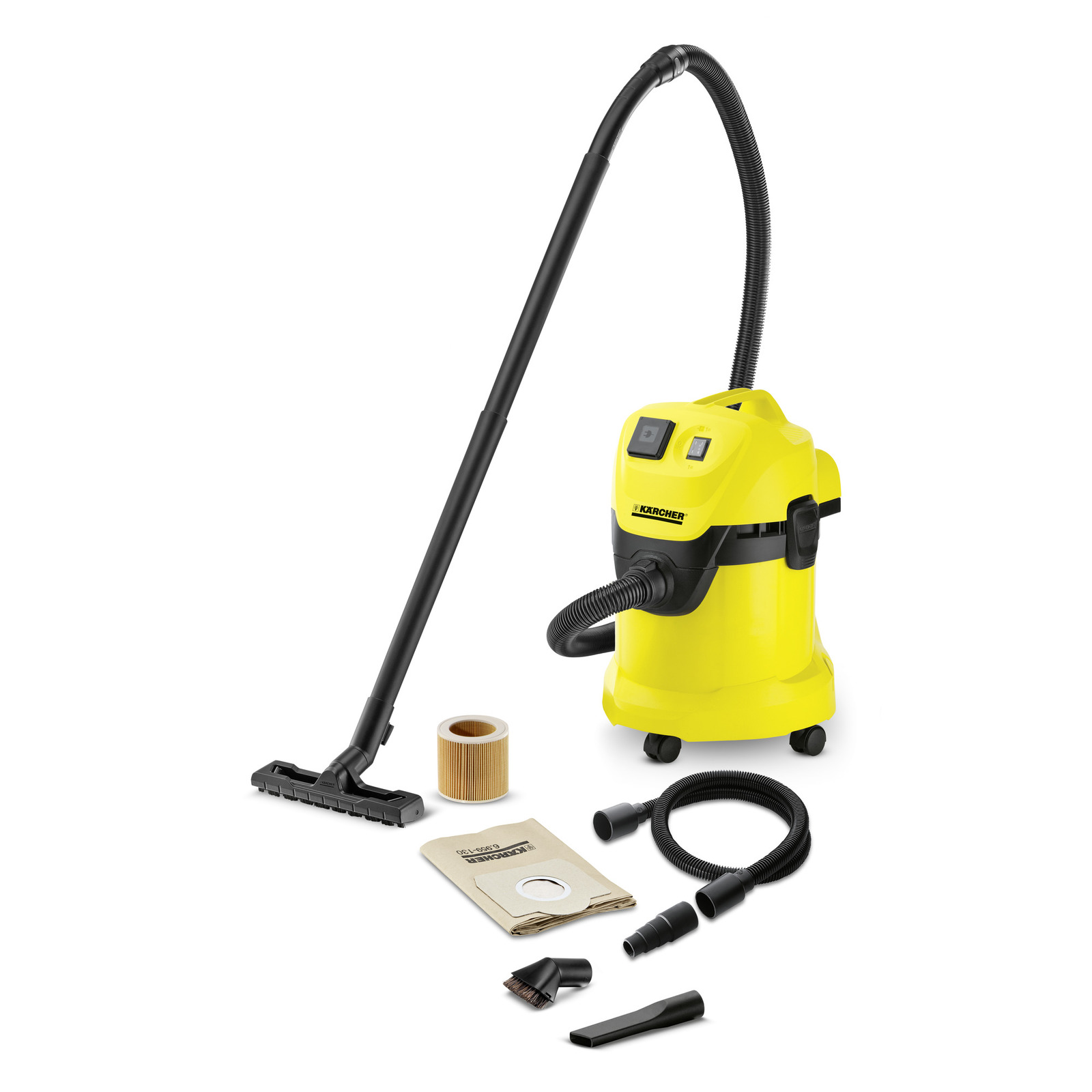 Aspirator Kärcher galben cu accesorii: furtun, perie, duză, sac de praf și filtru cilindric.