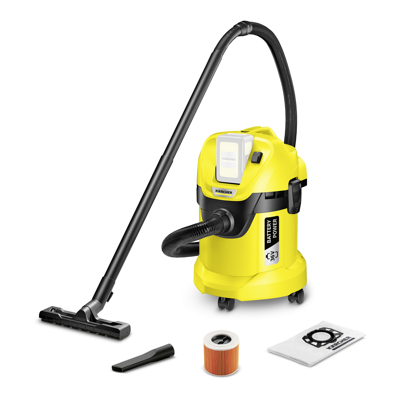 Aspirator Kärcher galben cu baterie, accesorii incluse: duză, filtru cilindric și sac de praf.