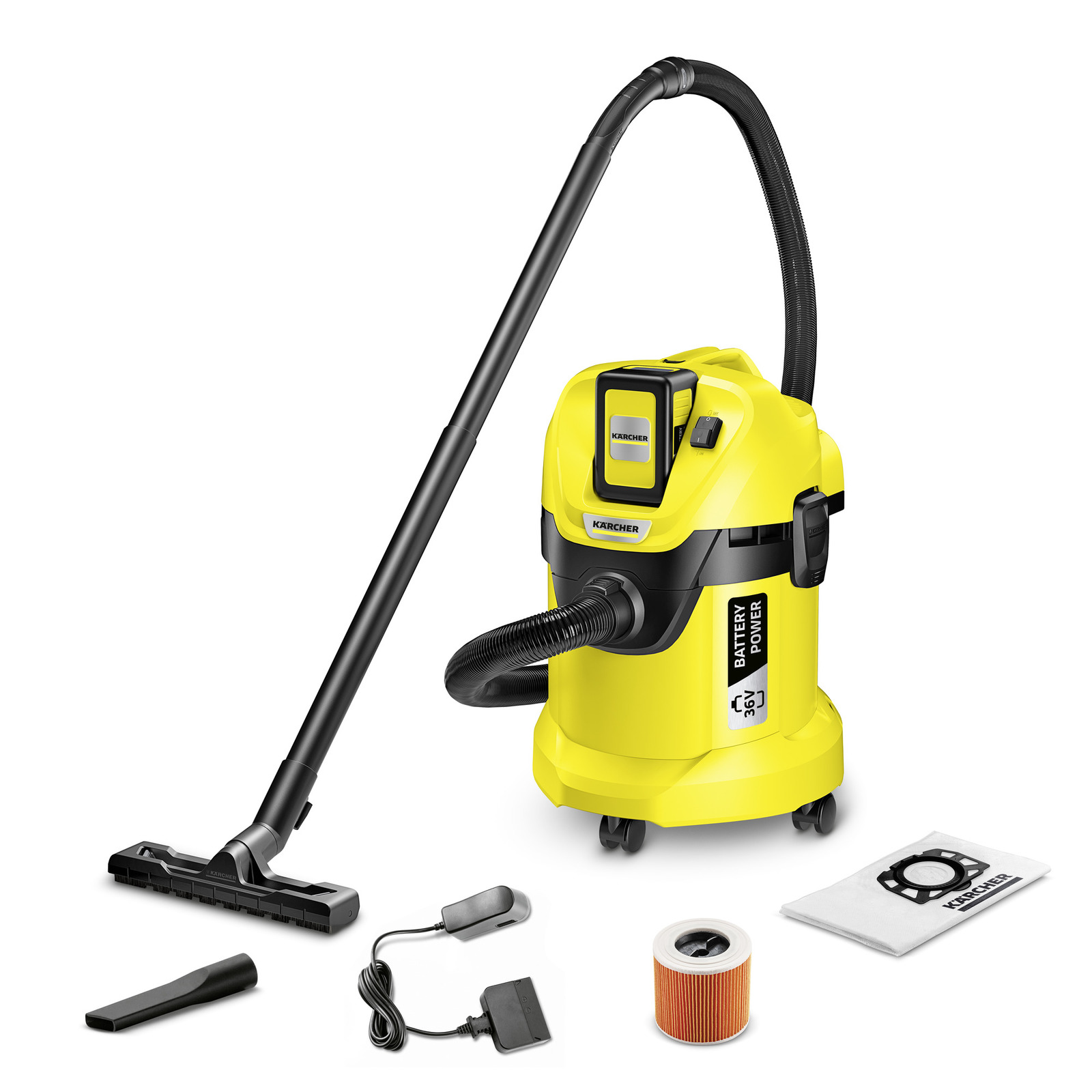 Yellow Kärcher wet and dry vacuum cleaner with accessories including a nozzle, charger, filter, and dust bag, set against a white background. Yellow Kärcher wet and dry vacuum cleaner with accessories including a nozzle, charger, filter, and dust bag, set against a white background.