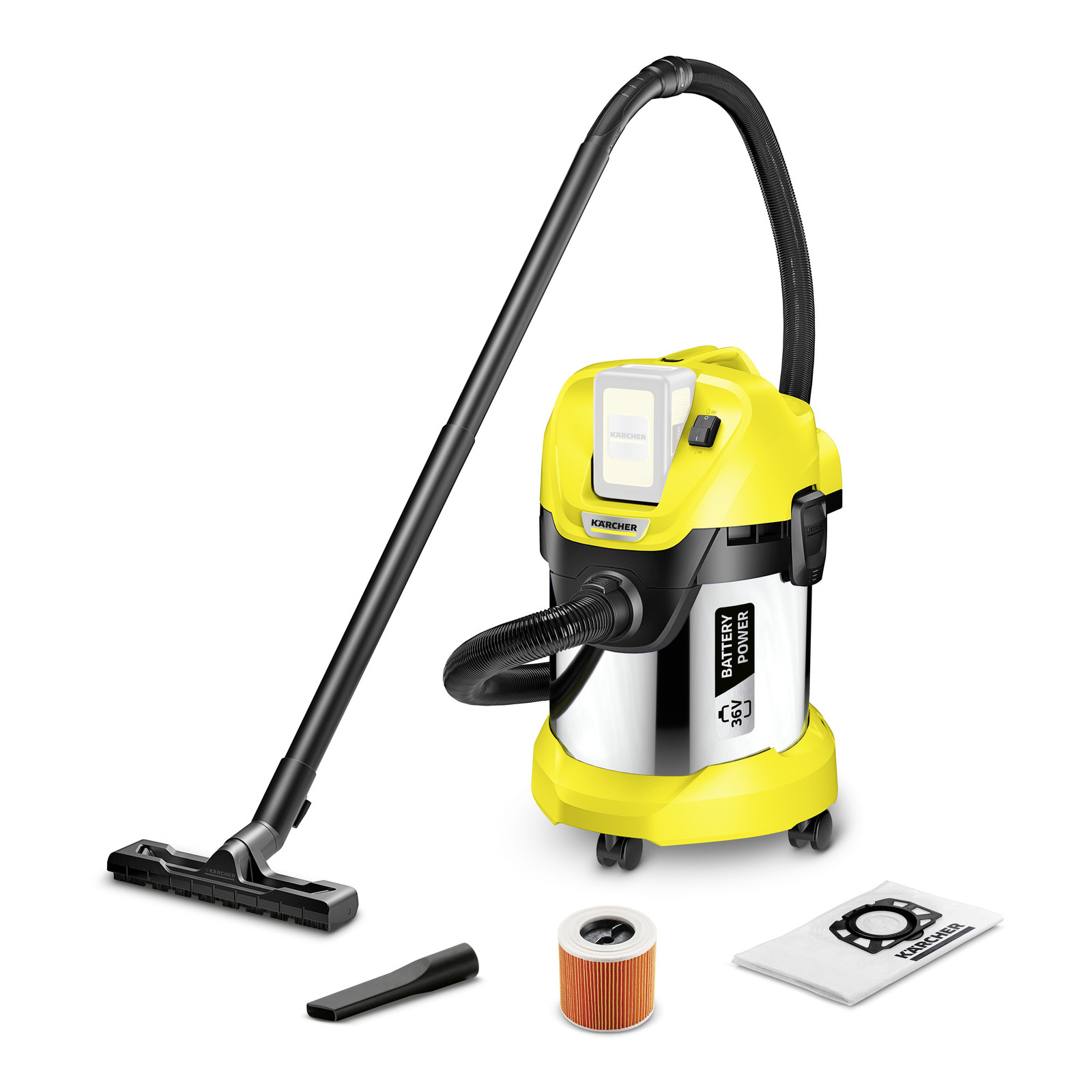 Aspirator Kärcher cu baterie, galben-negru, cu accesorii: duză, filtru cilindric și sac de praf. Aspirator Kärcher cu baterie, galben-negru, cu accesorii: duză, filtru cilindric și sac de praf.