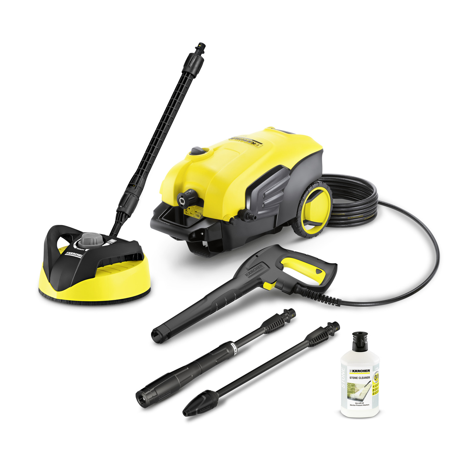 Kärcher hogedrukreiniger met accessoires, waaronder een spuitpistool, lans, terrasreiniger en fles steenreiniger. Kärcher hogedrukreiniger met accessoires, waaronder een spuitpistool, lans, terrasreiniger en fles steenreiniger.