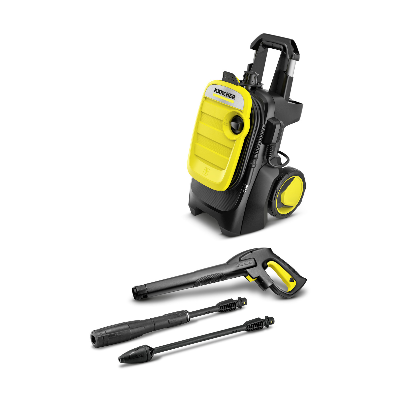 Kärcher high-pressure cleaner with yellow and black design, includes spray gun and two nozzles on white background.