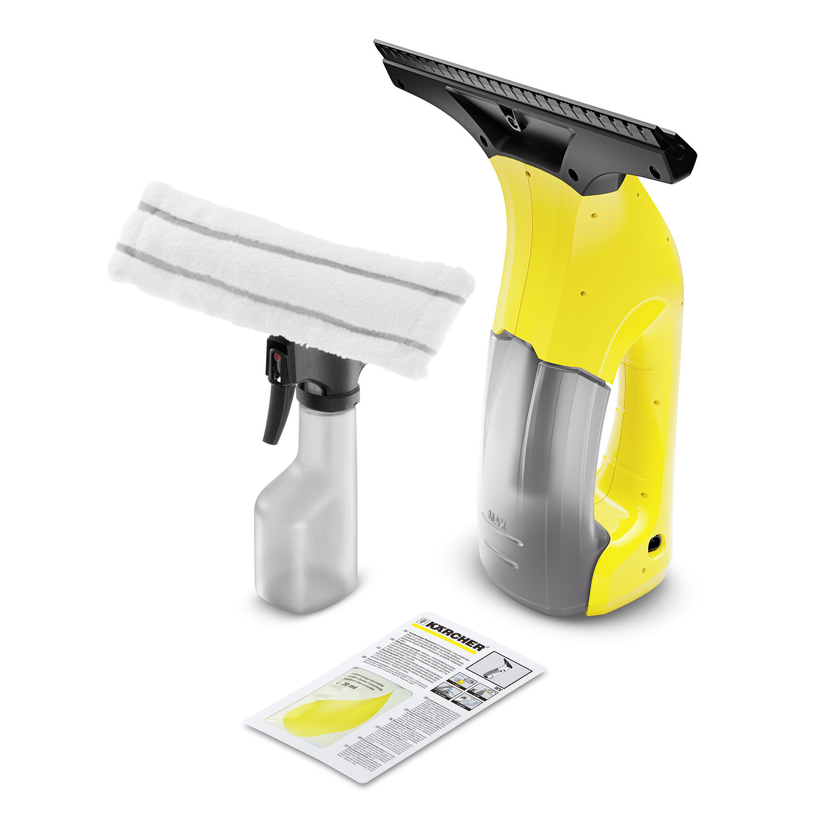 Kärcher window vac set with yellow and grey cleaner, spray bottle with cloth, and instruction leaflet on white background.