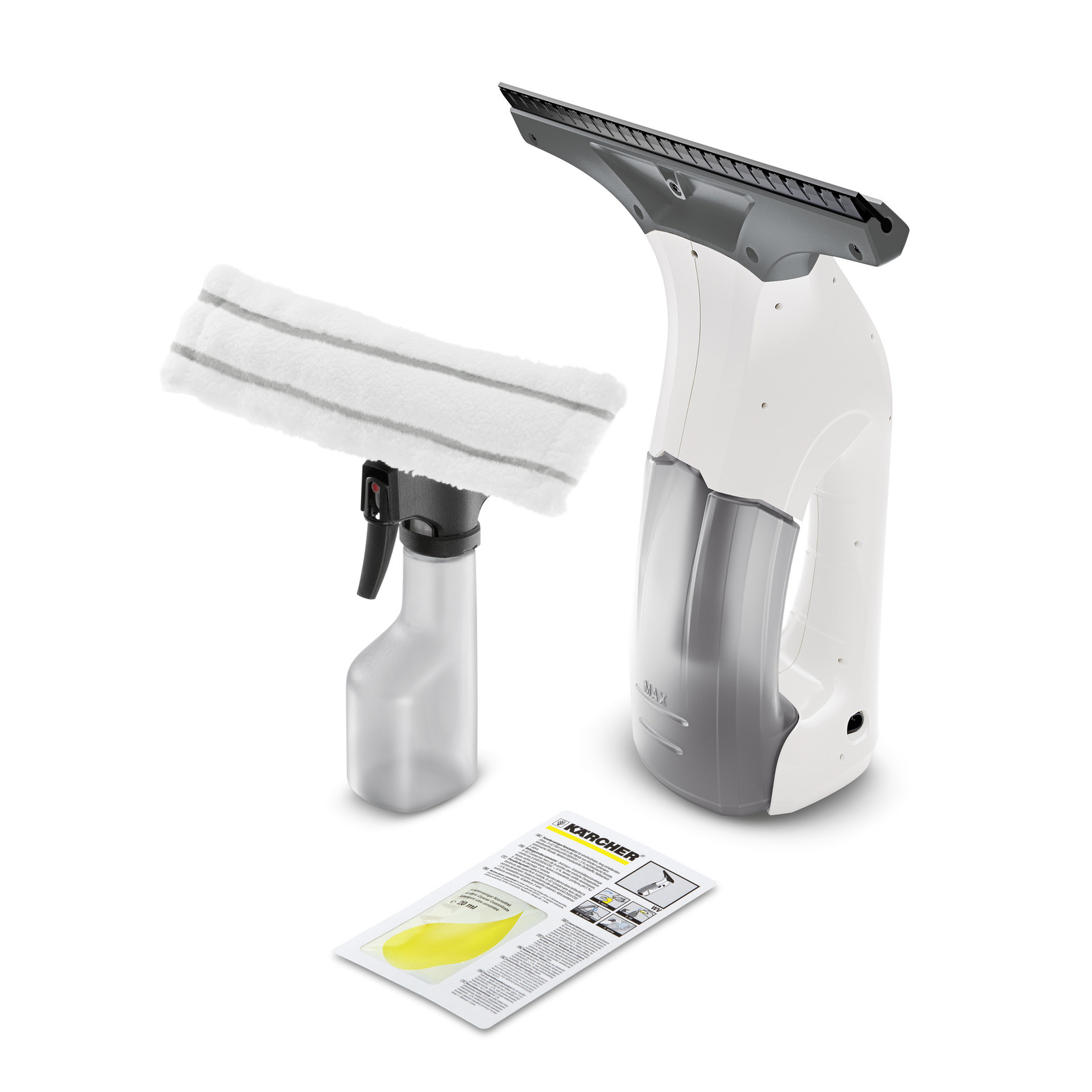 Kärcher window vac with spray bottle, cleaning pad, and instruction leaflet on a white background. Kärcher window vac with spray bottle, cleaning pad, and instruction leaflet on a white background.