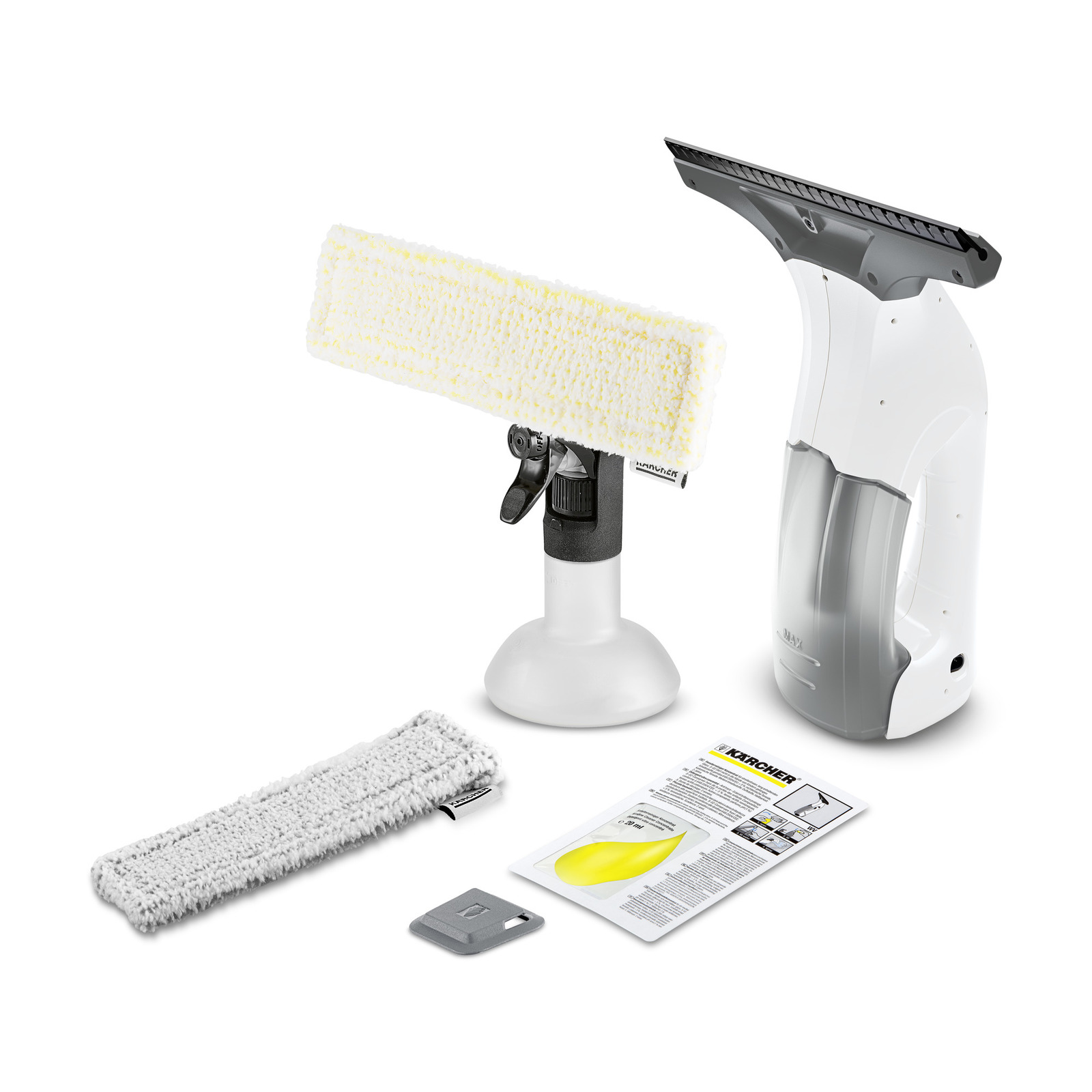 Aspirator de geam Kärcher, sticlă spray cu laveta, laveta suplimentară, manual și accesoriu gri.
