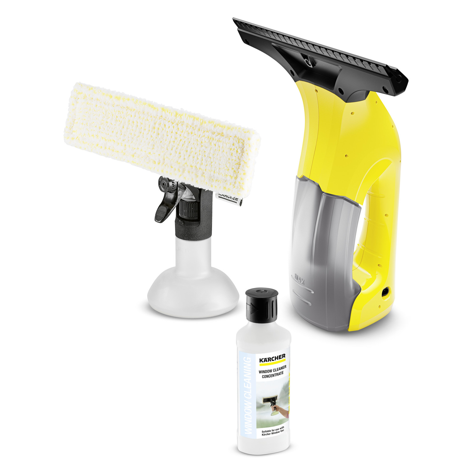 Kärcher window vac set with yellow and grey device, spray bottle with cloth attachment, and window cleaner concentrate.