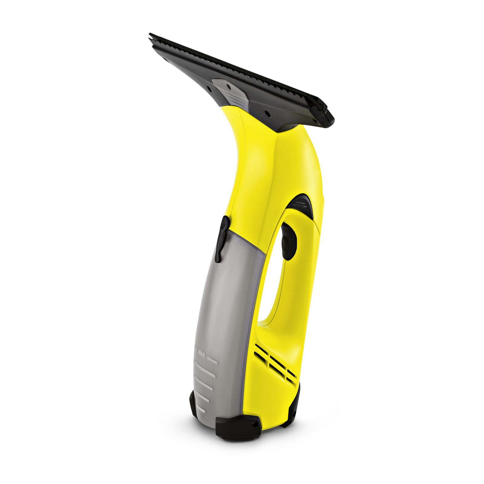 Yellow Kärcher window vac with black rubber blade, grey water tank, and ergonomic handle, isolated on a white background. Yellow Kärcher window vac with black rubber blade, grey water tank, and ergonomic handle, isolated on a white background.