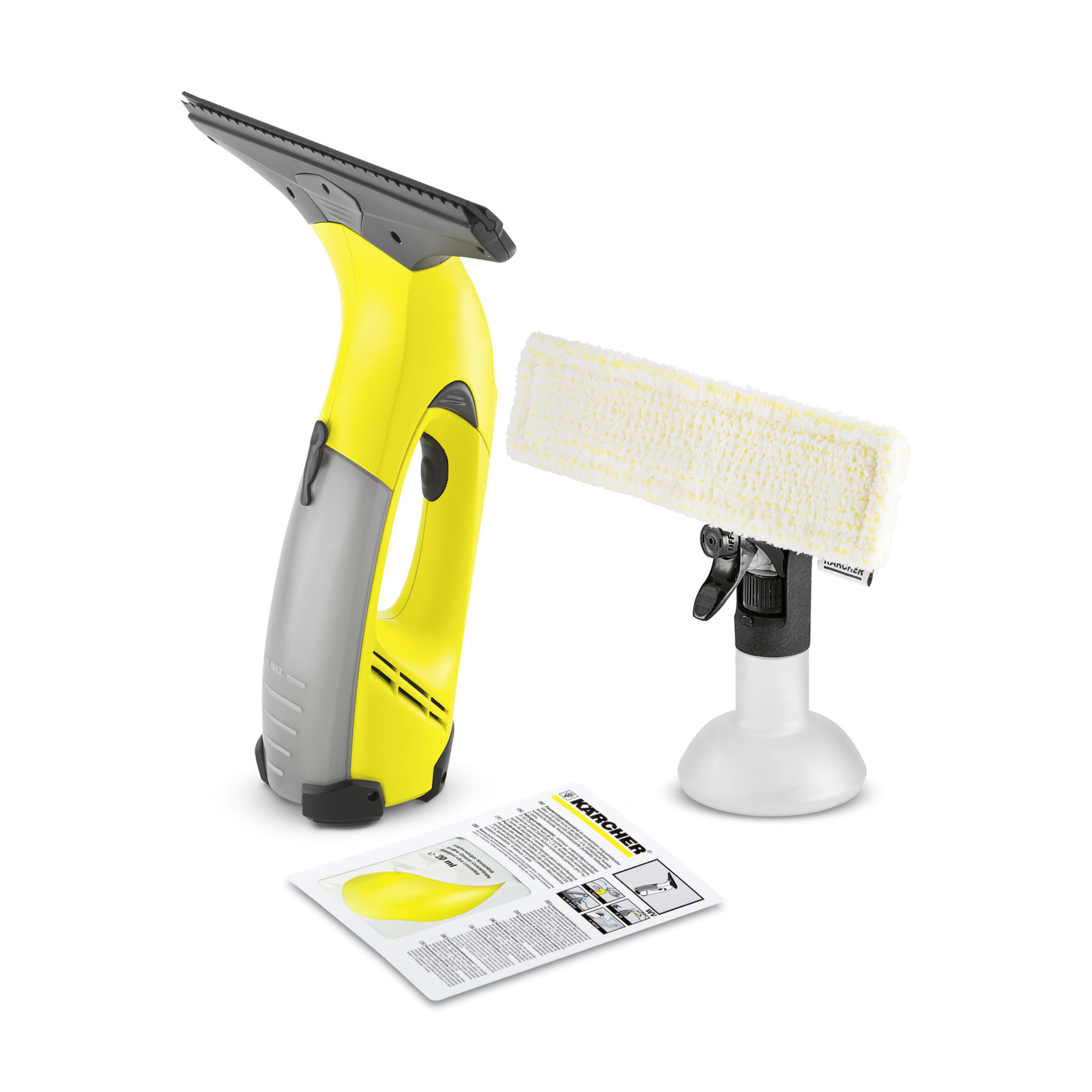 Kärcher window vac with a yellow and grey body, spray bottle with a cleaning pad, and instruction manual on a white background. Kärcher window vac with a yellow and grey body, spray bottle with a cleaning pad, and instruction manual on a white background.