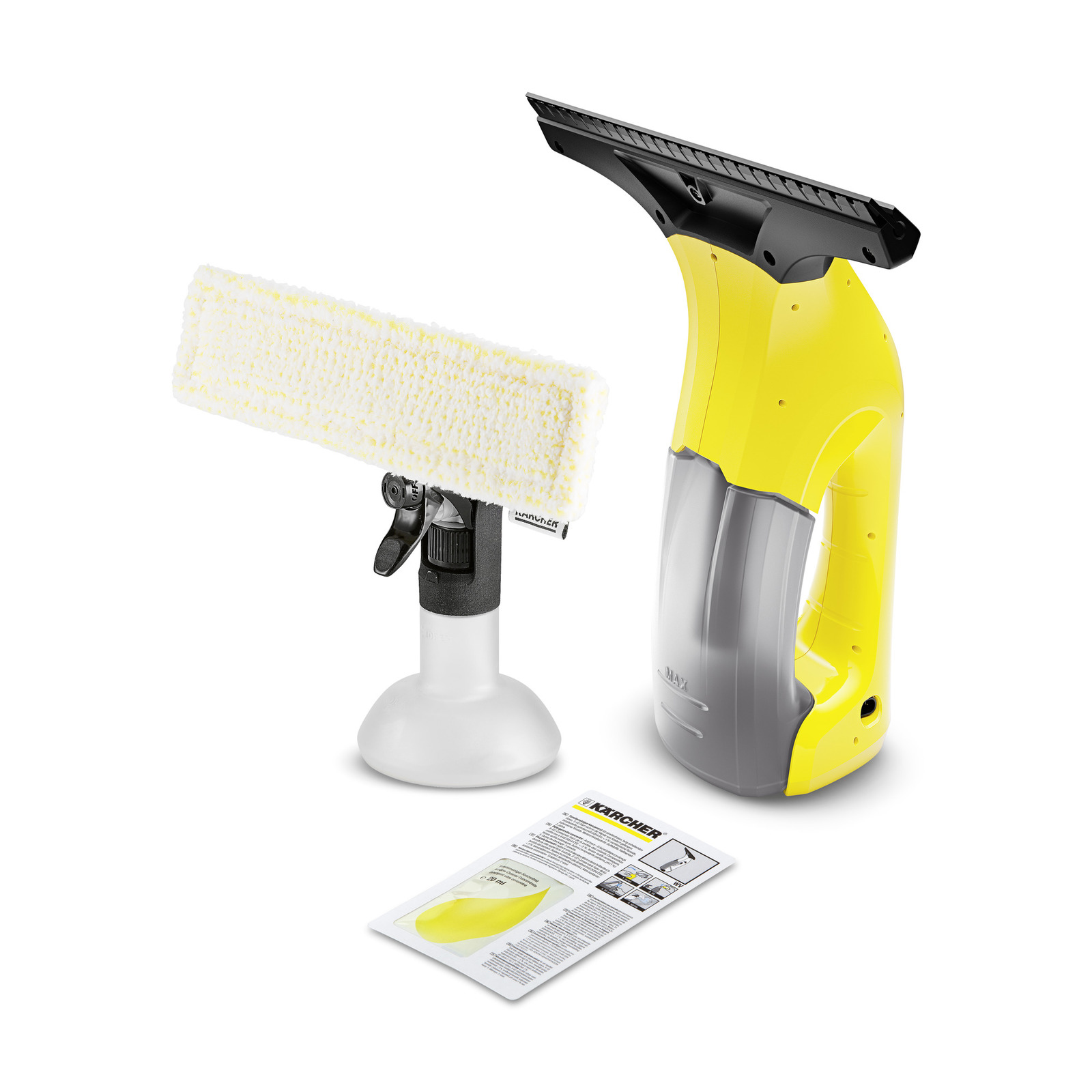 Aspirator de geam Kärcher, sticlă cu pulverizator și laveta albă, manual de utilizare pe fundal alb.